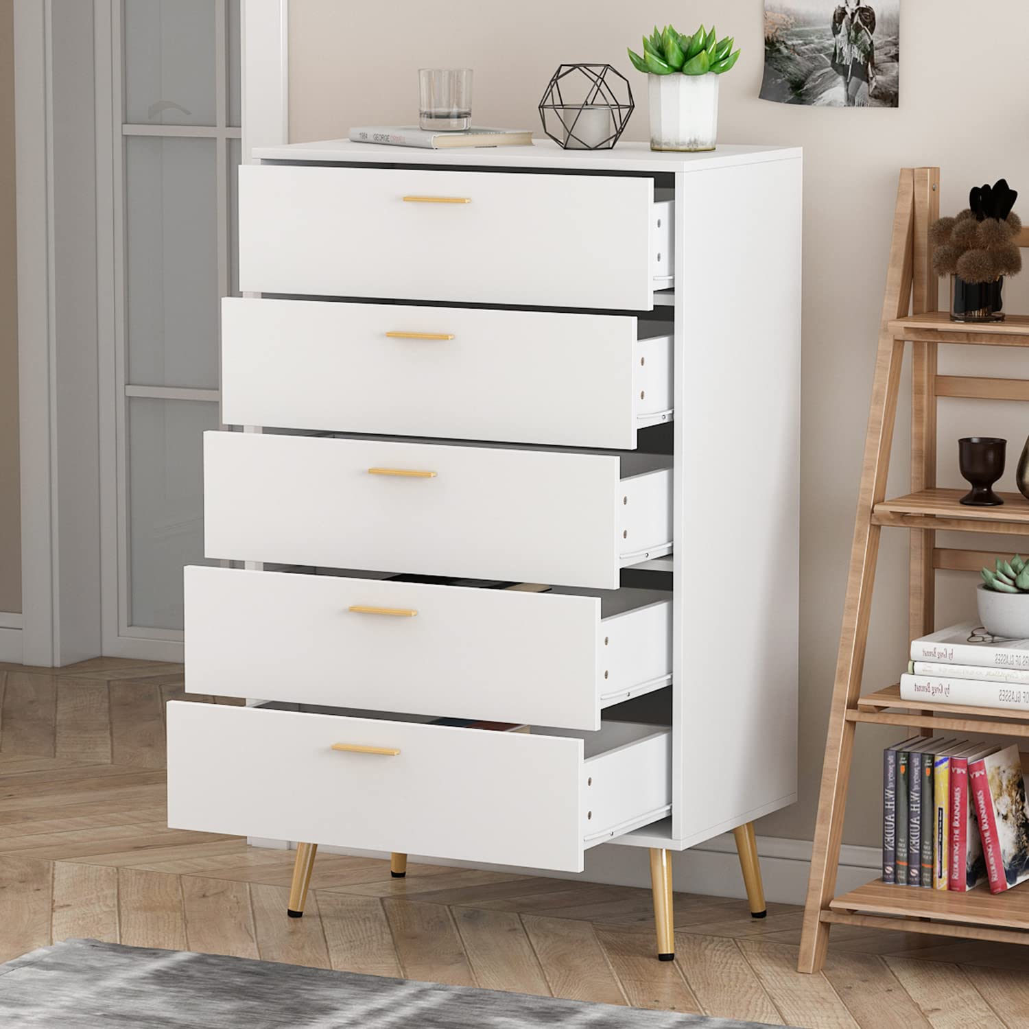 Modern 5-Drawer Dresser Storage Chest with Gold Metal Legs & Handles - Solid Wood Bedroom Dresser for Clothes Organization, White (27.4”L x 15.6”W x 44.9”H) - Perfect for Bedroom, Living Room & Nursery Storage Solutions