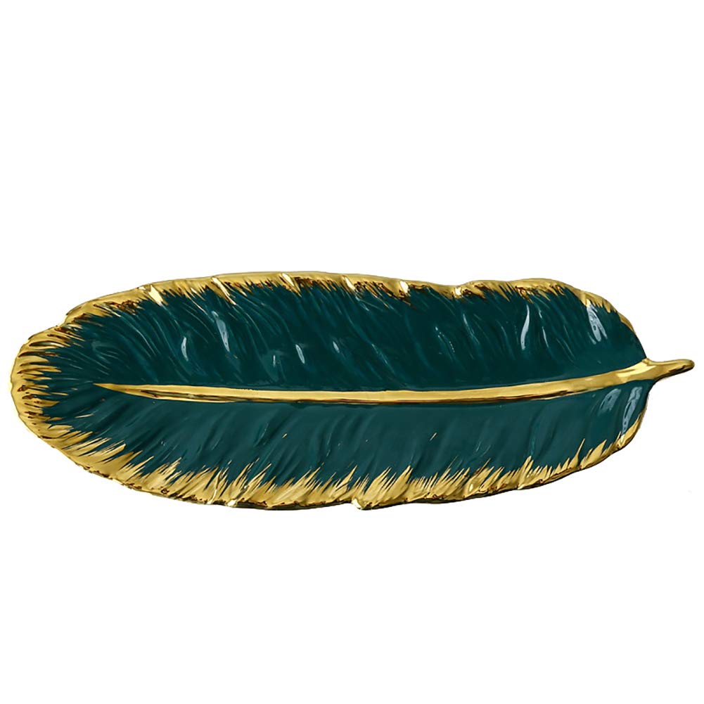 ChezMax Green Leaf Ceramic Jewelry Tray with Gold Trim - Elegant Catch-All Dish for Keys, Jewelry, Watches, Wallets | Perfect for Vanity, Entryway, Bathroom & Kitchen Organization