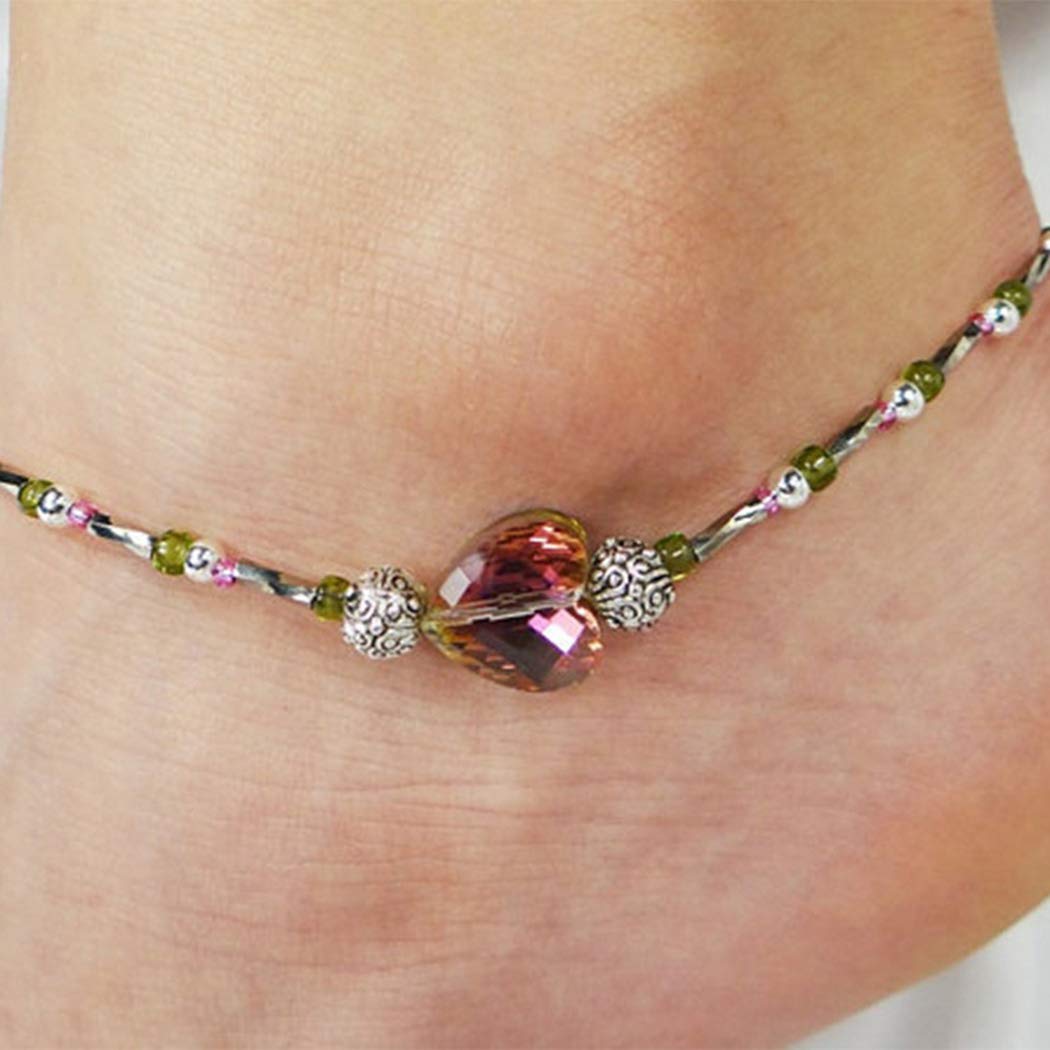 Boho Love Pendant Anklet Chain - Silver Beach Crystal Foot Bracelet for Women & Girls | Perfect for Summer, Beach, and Festival Jewelry