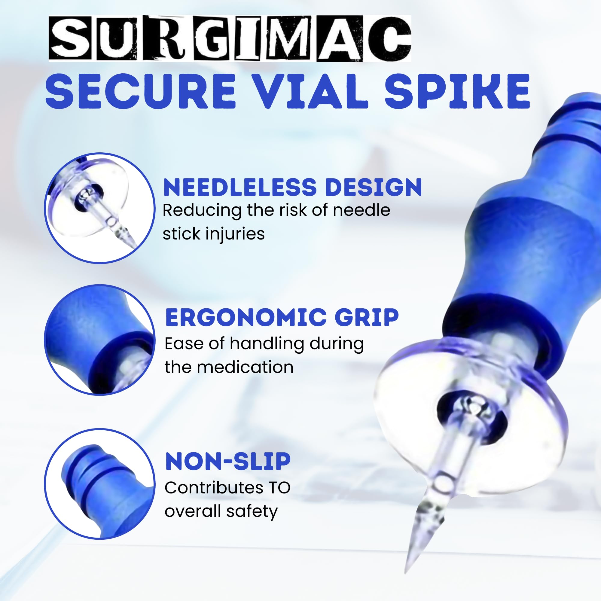 Latex-Free Vial Spike Clave with Needleless Ergonomic Grip - Secure Vial Adapter for Glass Vials (Case of 50) - Ideal for Medical Supplies, Pharmacy, Hospital, and Laboratory Use