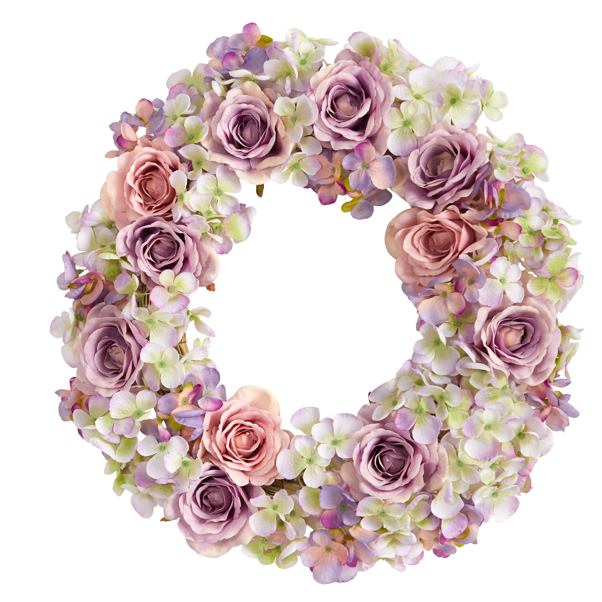 Nearly Natural 18 Inch Rose and Hydrangea Artificial Wreath - Elegant Floral Decor for Front Door, Wall, or Wedding