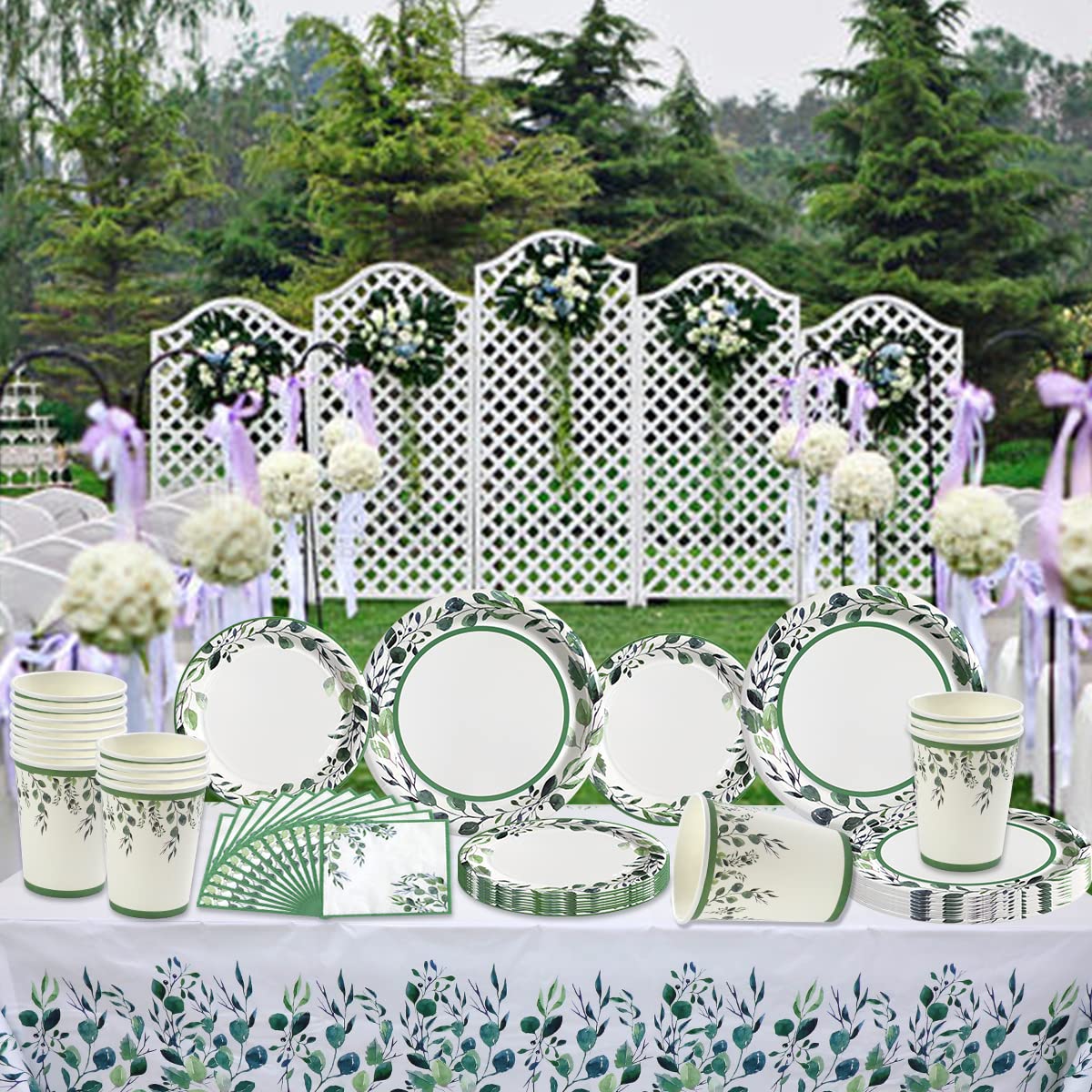 Eco-Friendly Sage Green Party Supplies Set - 16 Disposable Paper Plates, Napkins, Cups & Tablecloth for Birthday, Bridal Shower, Boho & Gender Reveal Parties - Perfect for Greenery Themed Events & Outdoor Gatherings