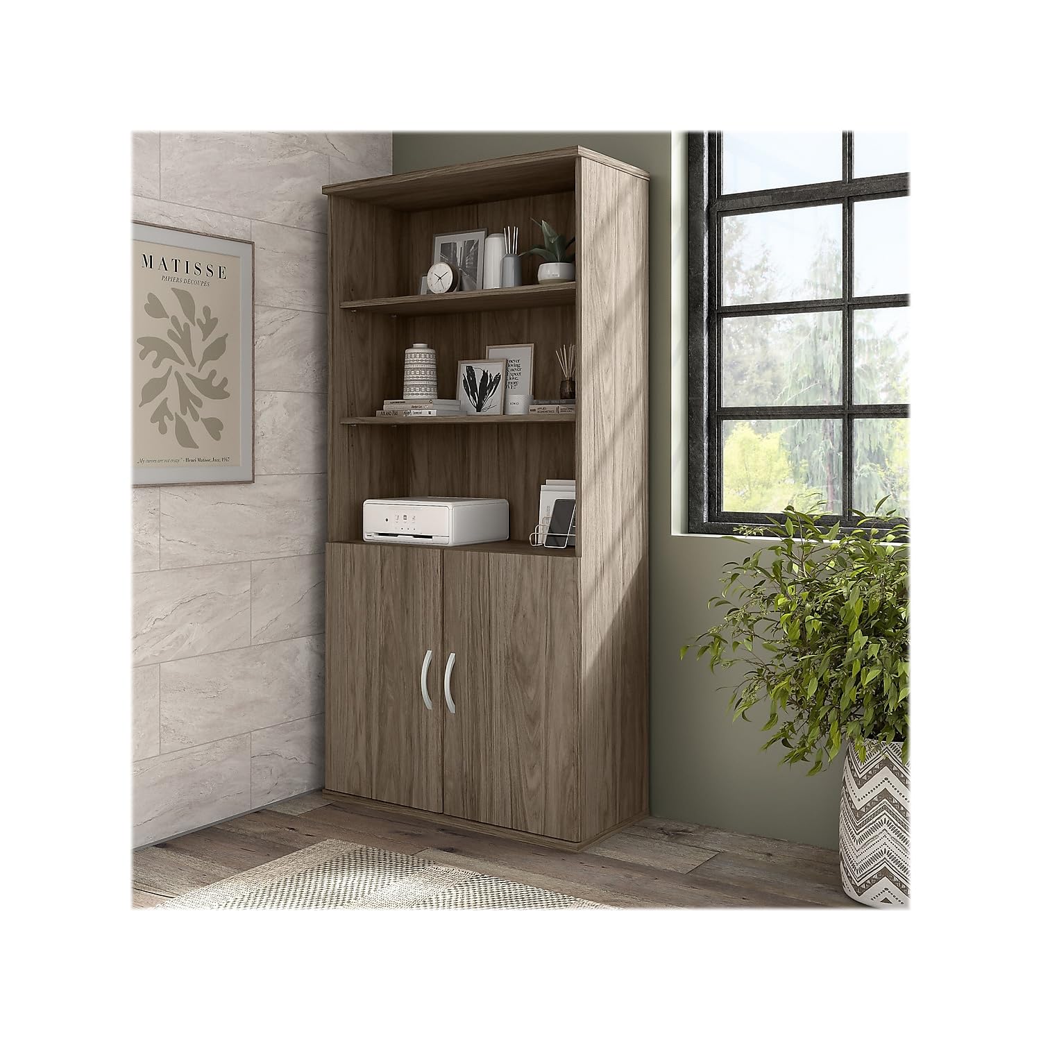 Bush Business Furniture Hybrid Tall 5 Shelf Bookcase in Modern Hickory - Stylish Office Storage Solution for Books, Files & Decor | Perfect for Home Office, Study Room & Workspace Organization