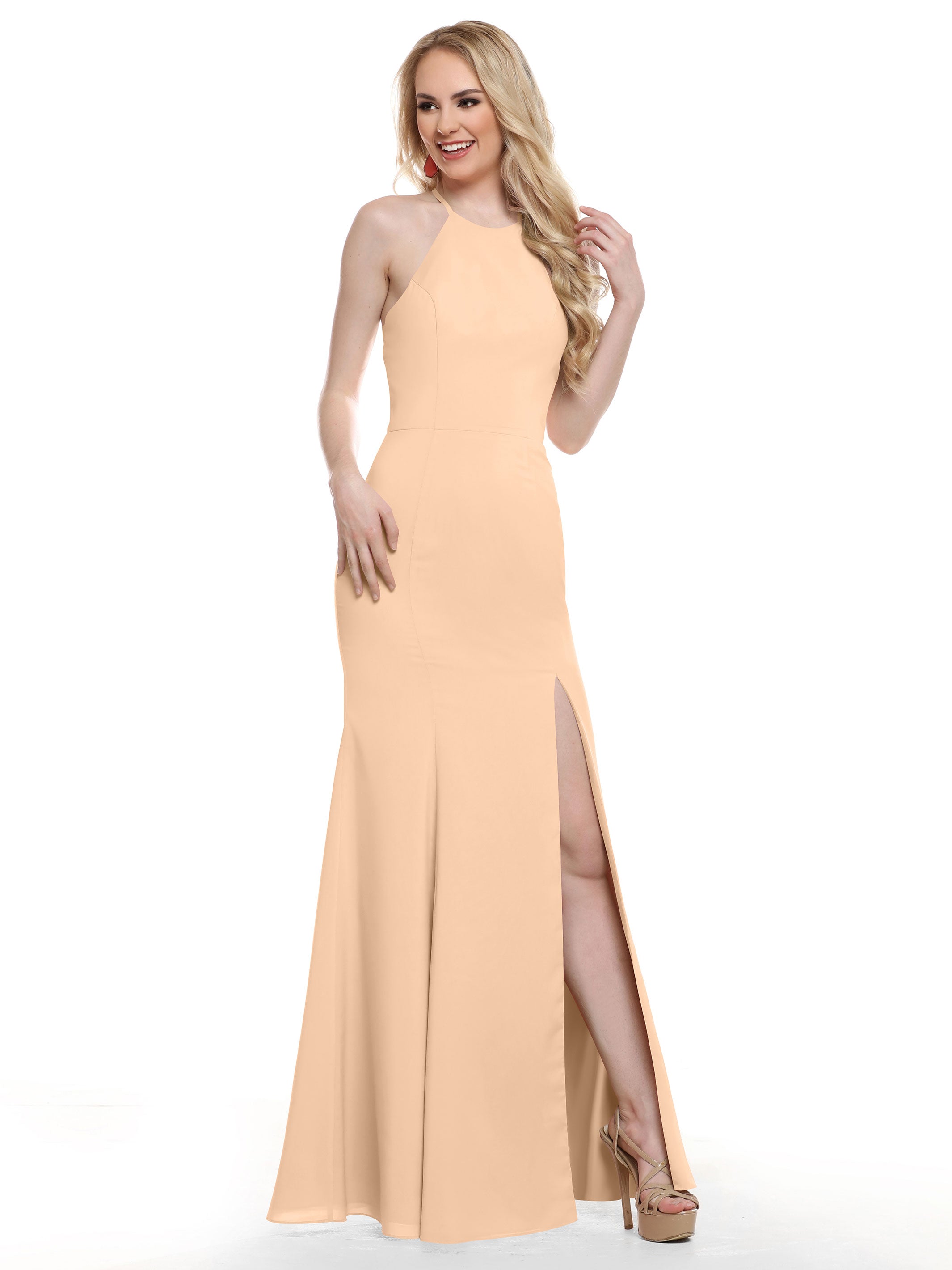 Elegant 83031 Fit and Flare Stretch Chiffon Bridesmaid Dress with Halter Neck & Thigh Slit - Perfect for Weddings, Prom, and Formal Events