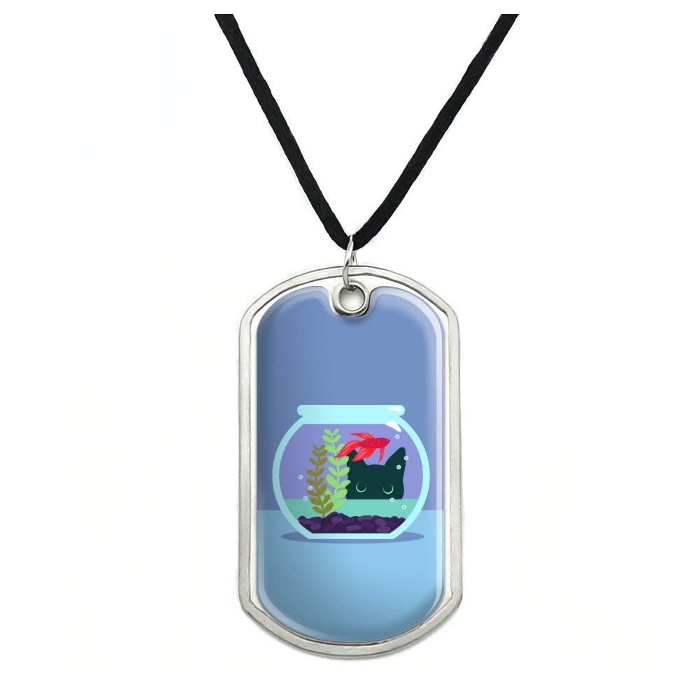 Black Cat Staring at Betta Fish Bowl Military Dog Tag Pendant Necklace with Cord - Unique Gothic Jewelry for Men & Women - Perfect for Cosplay, Halloween, and Alternative Fashion