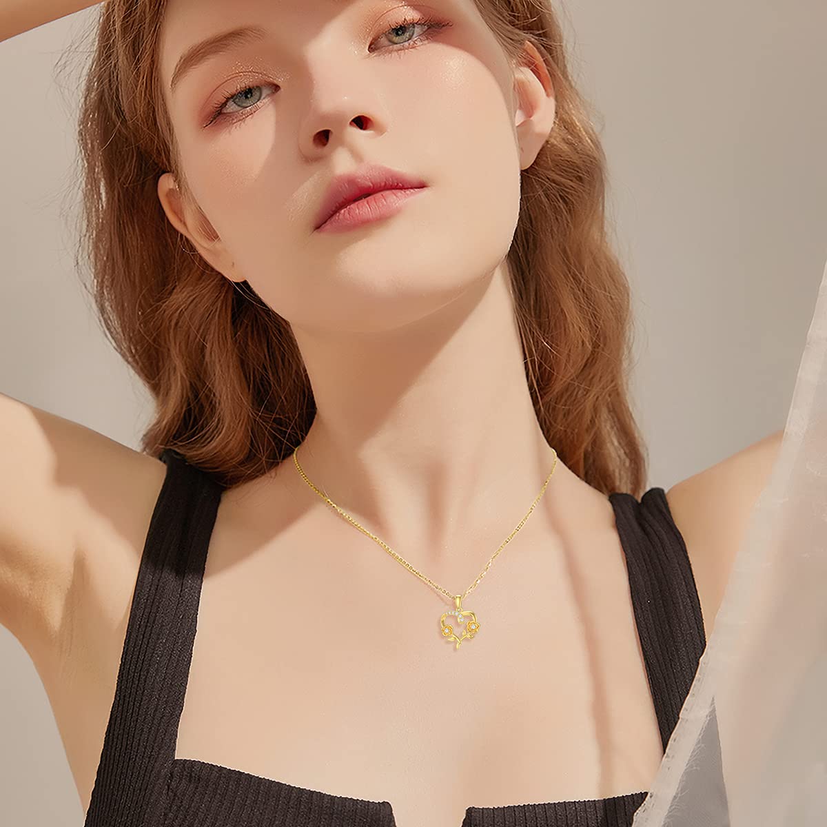 YDD 9ct Gold Heart Necklace for Women - Rose Flower Pendant Necklace in Real Gold | Perfect Christmas, Mother's Day & Valentine's Day Gift for Her | 16+1+1 Inch Chain | Elegant Jewelry for Date Nights, Anniversaries & Special Occasions