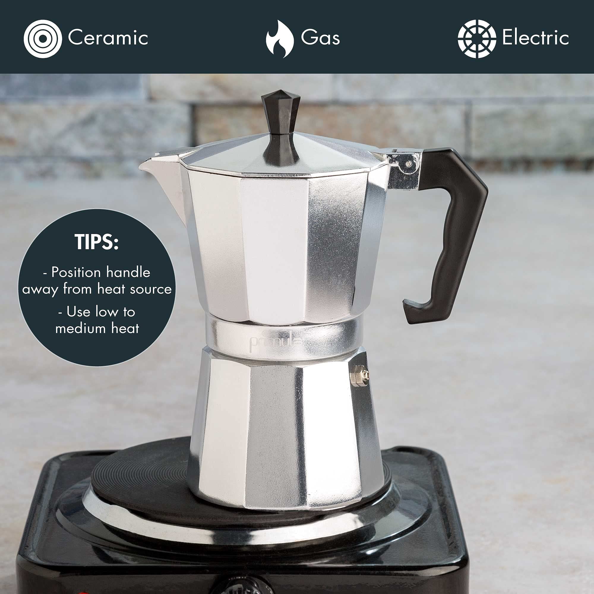 Primaria Stovetop Espresso Maker & Electric Milk Frother Set - 6 Cup Italian Moka Pot for Cuban Coffee, Cafetera - Perfect for Home Brewing, Camping & Gifts (Silver)