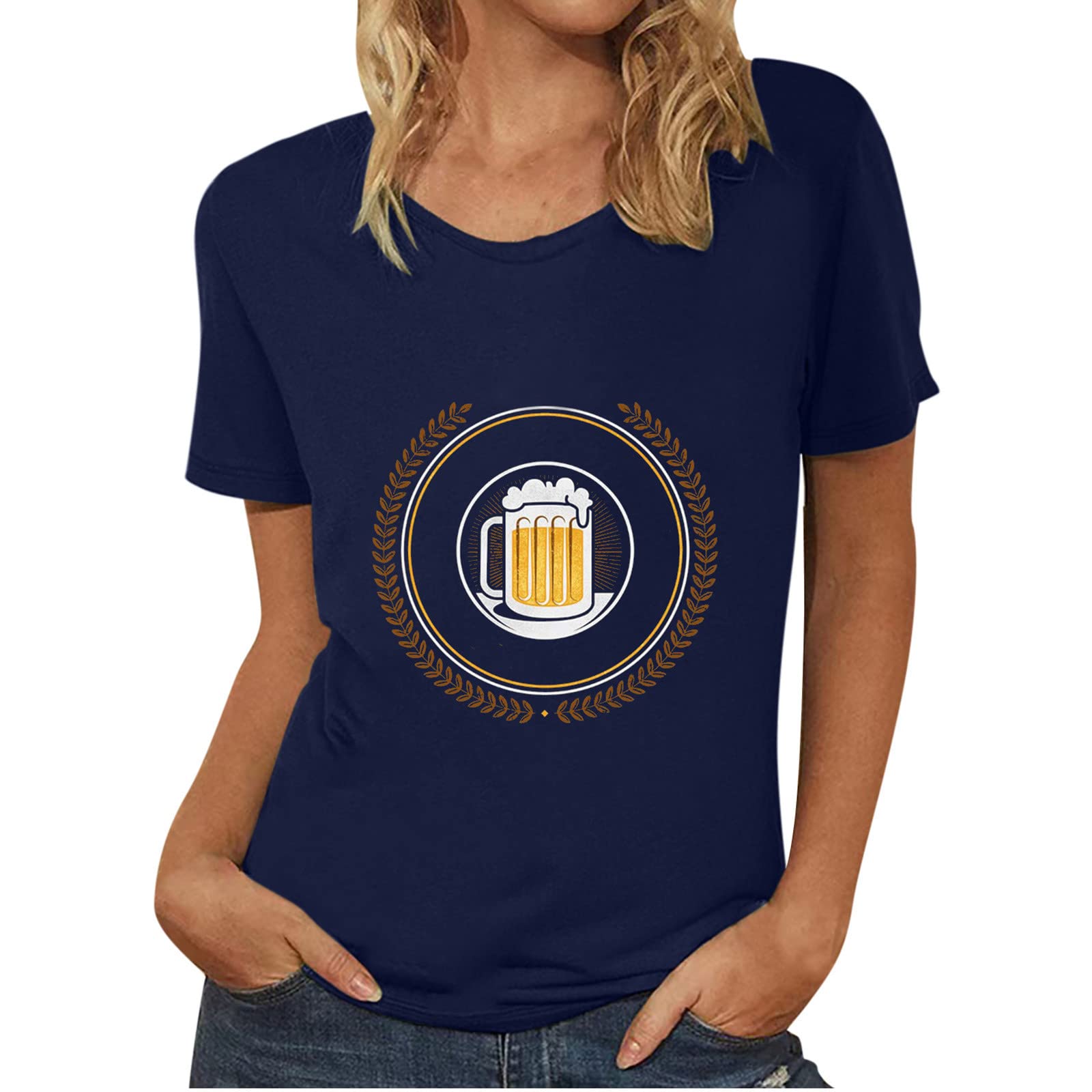 Women's Short Sleeve T-Shirt - Oktoberfest Beer Print Round Neck Casual Summer Top | Perfect for Beer Festivals, Pub Nights & Casual Outings