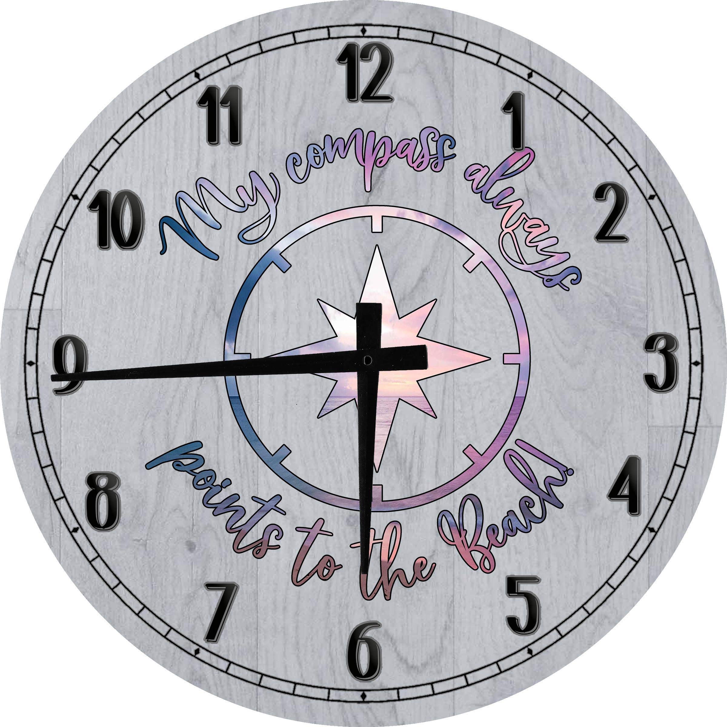 18 Inch Large Round Wood Wall Clock - Beach Sunset Ocean Theme Decor, Gray Wooden Wall Art for Living Room, Bedroom & Office