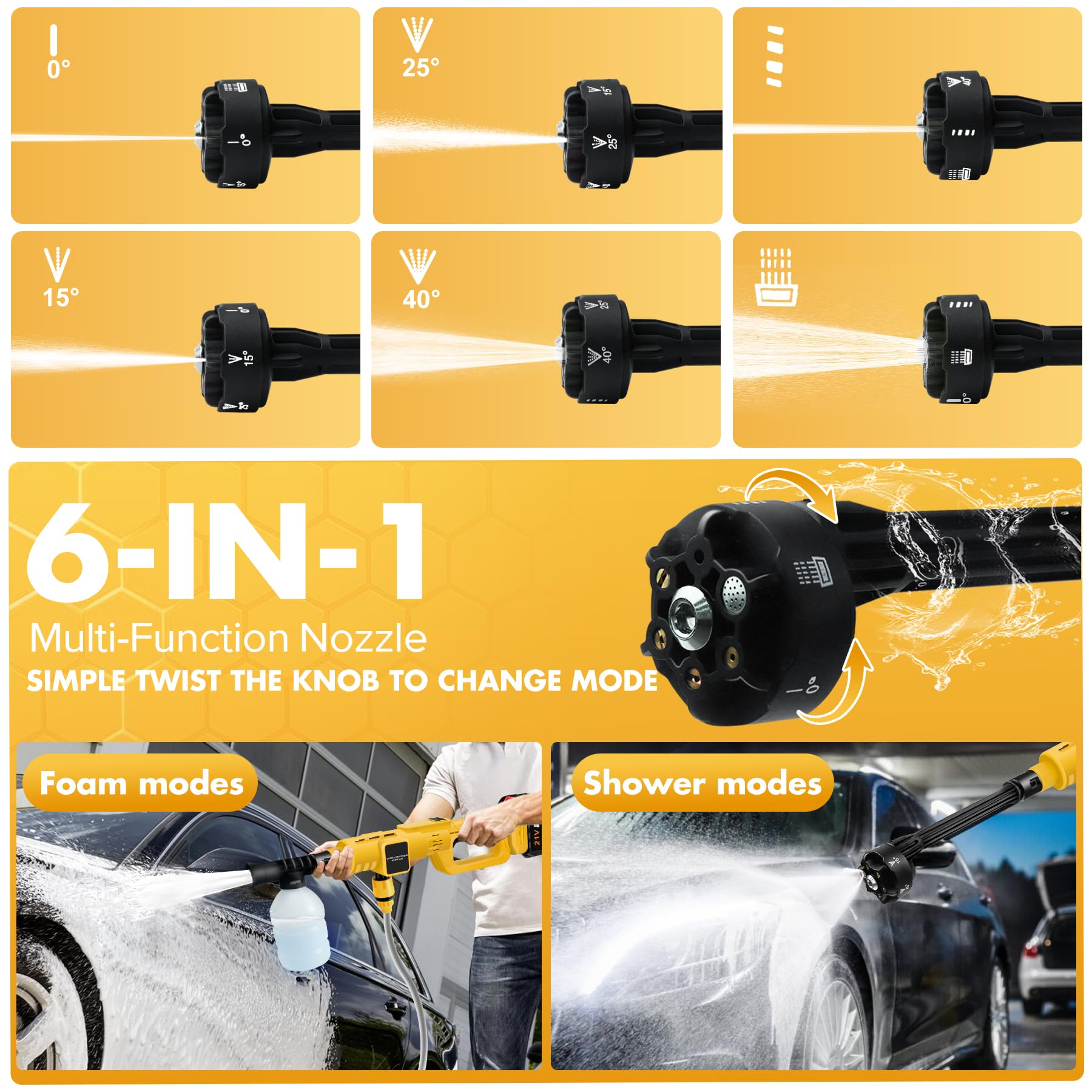 15000mAh Cordless Pressure Washer - 900PSI Battery Powered Power Washer with 6-in-1 Nozzle | Portable Pressure Cleaner for Cars, Boats, Patio, Driveway & Garden | Outdoor Cleaning & Watering Tool (Yellow)