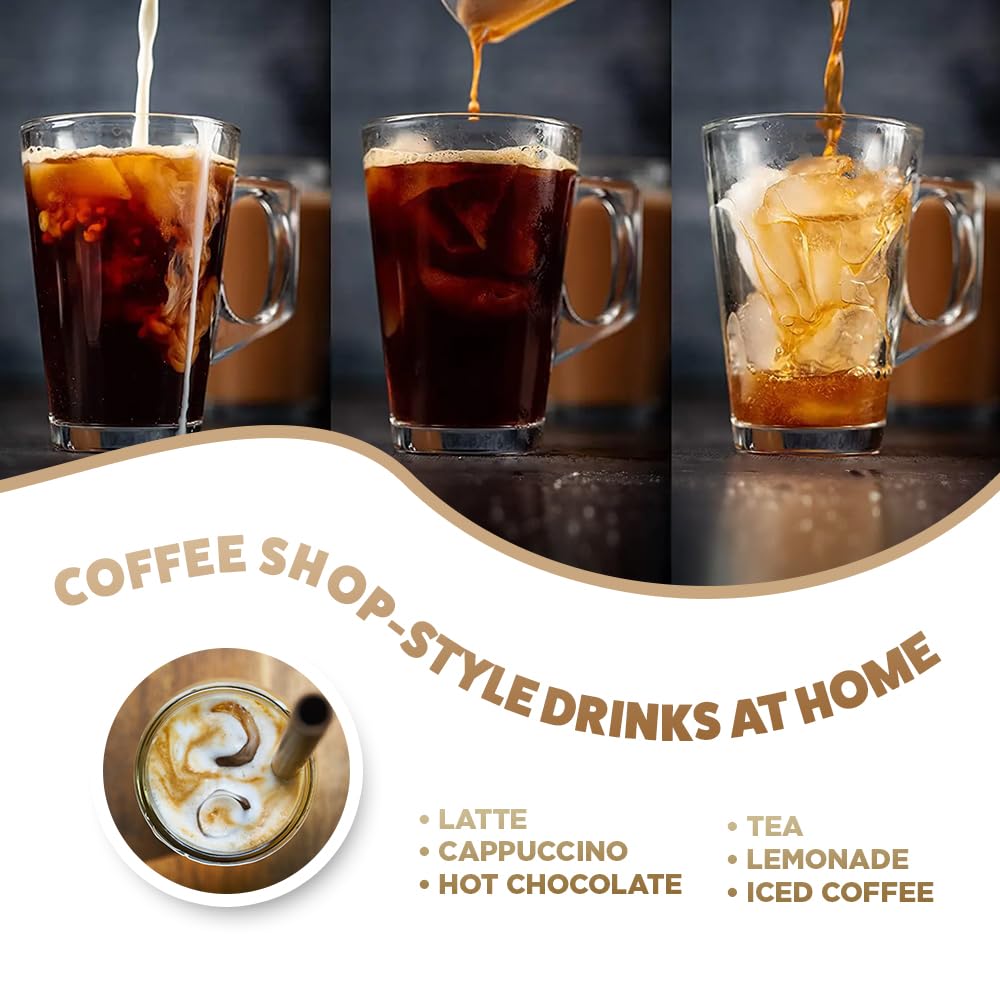 Marco Paul 6-Piece Latte Glass Set with Stirrer & Frother - 6oz Glass Coffee Mugs for Espresso, Cappuccino & Hot Drinks - Perfect for Home, Cafe & Office Use - Dishwasher Safe Coffee Cup Set