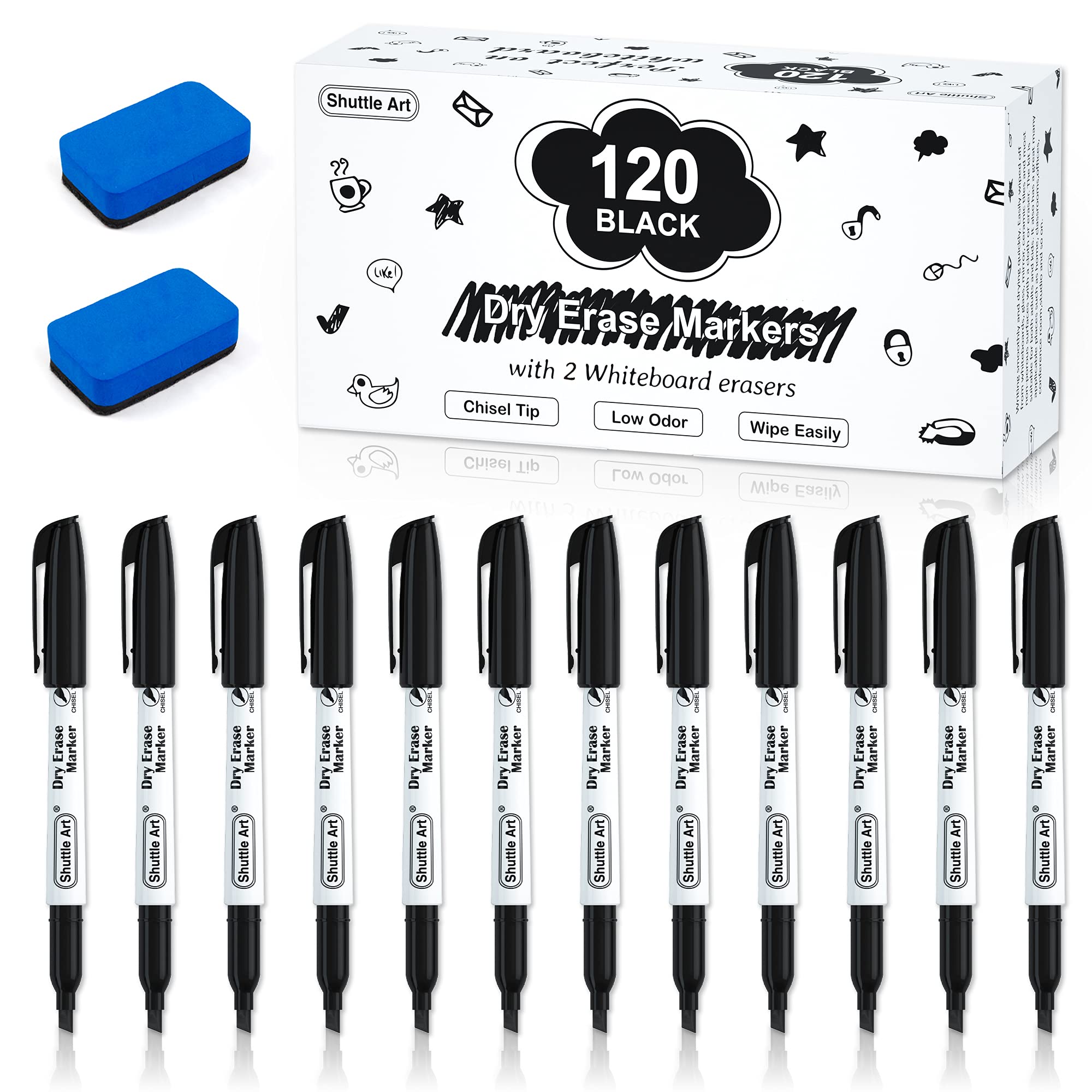 Shuttle Art 120 Pack Black Dry Erase Markers with Chisel Tip & 2 Erasers - Whiteboard Markers for School, Office, Home - Perfect for Writing on Whiteboards, Glass, Mirrors & Dry-Erase Boards - Ideal for Teachers, Students & Business Presentations