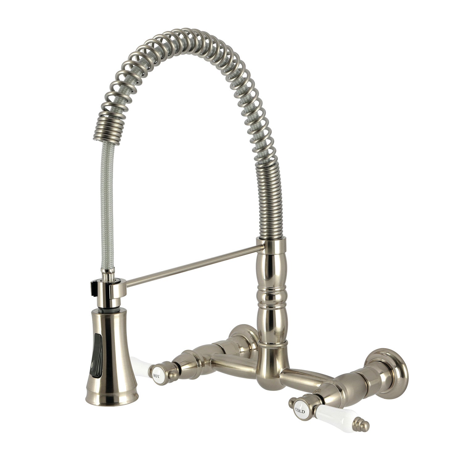Bel Air GS1248BPL Brushed Nickel Double Handle 2 Hole Wall Mount Pre Rinse Kitchen Faucet - Perfect for Commercial Kitchens & Restaurant Prep Areas
