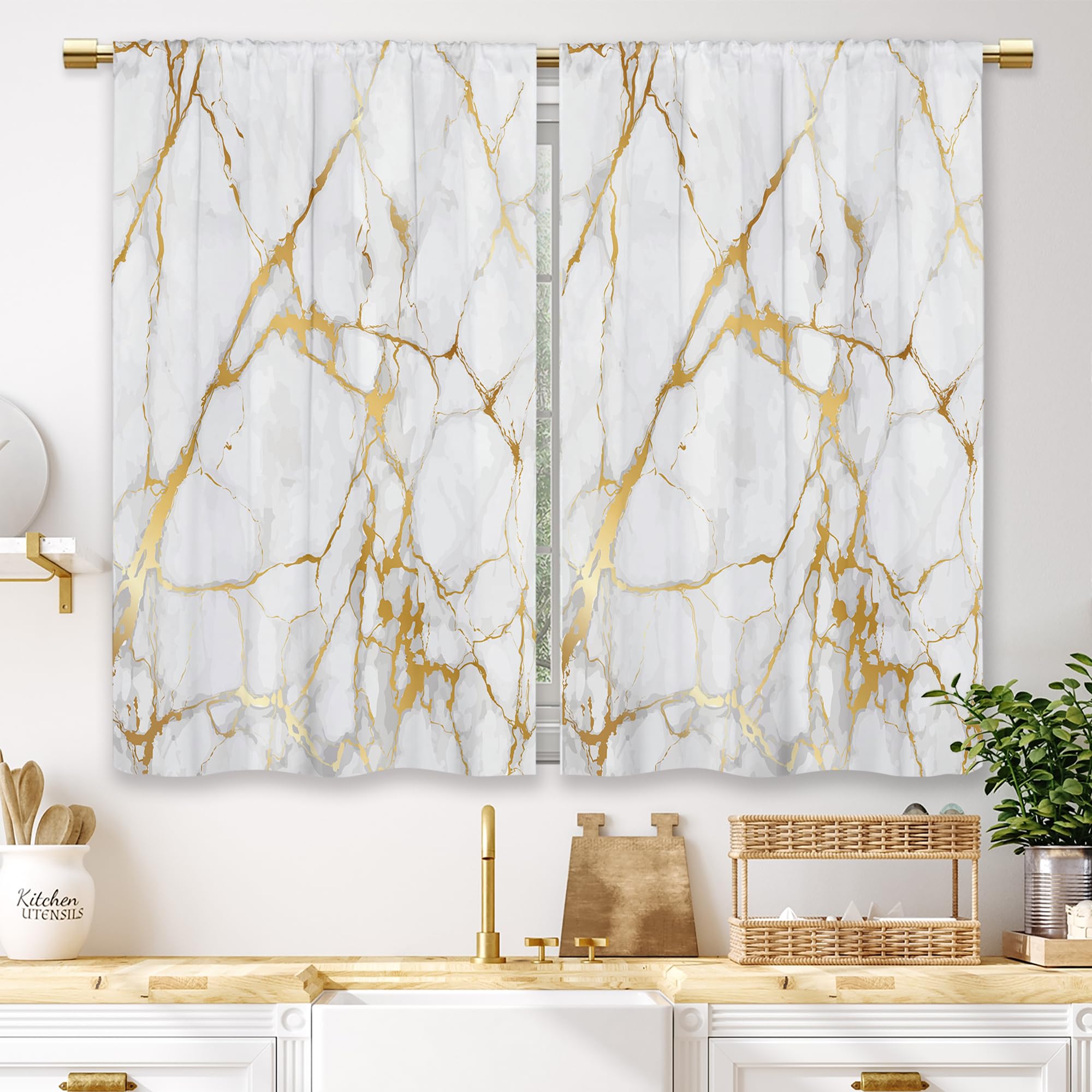 Luxury Gold Marble Kitchen Curtains - Modern Abstract Golden Short Cafe Window Drapes with White Texture & Rod Pocket - Bathroom Tier Curtains Set of 2 Panels (27.5x39 Inch) - Perfect for Kitchen, Cafe, Bathroom & Living Room Decor