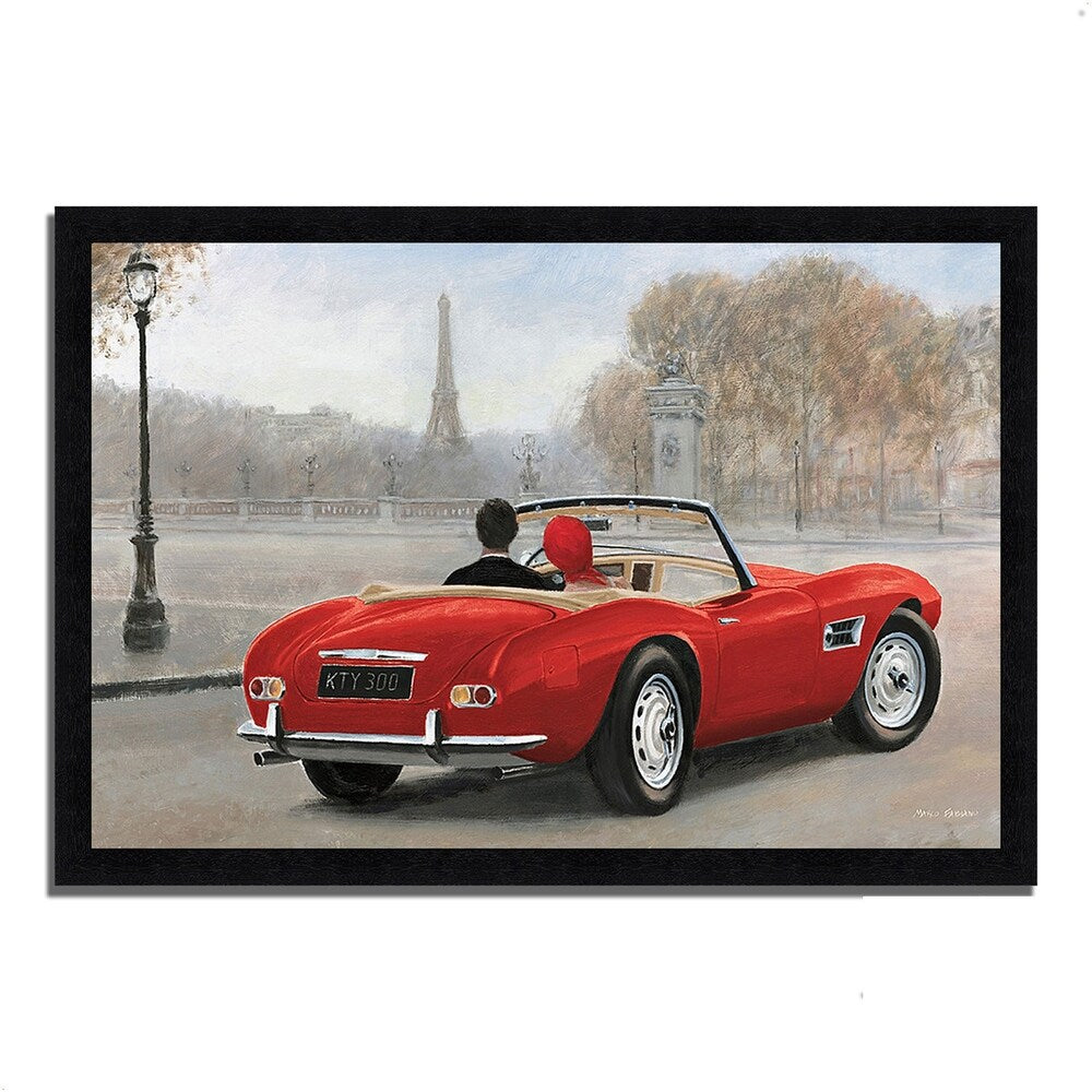 Marco Fabiano 'A Ride in Paris III' Red Car Framed Art Print - Vintage Parisian Street Scene Wall Decor for Living Room, Office & Bedroom