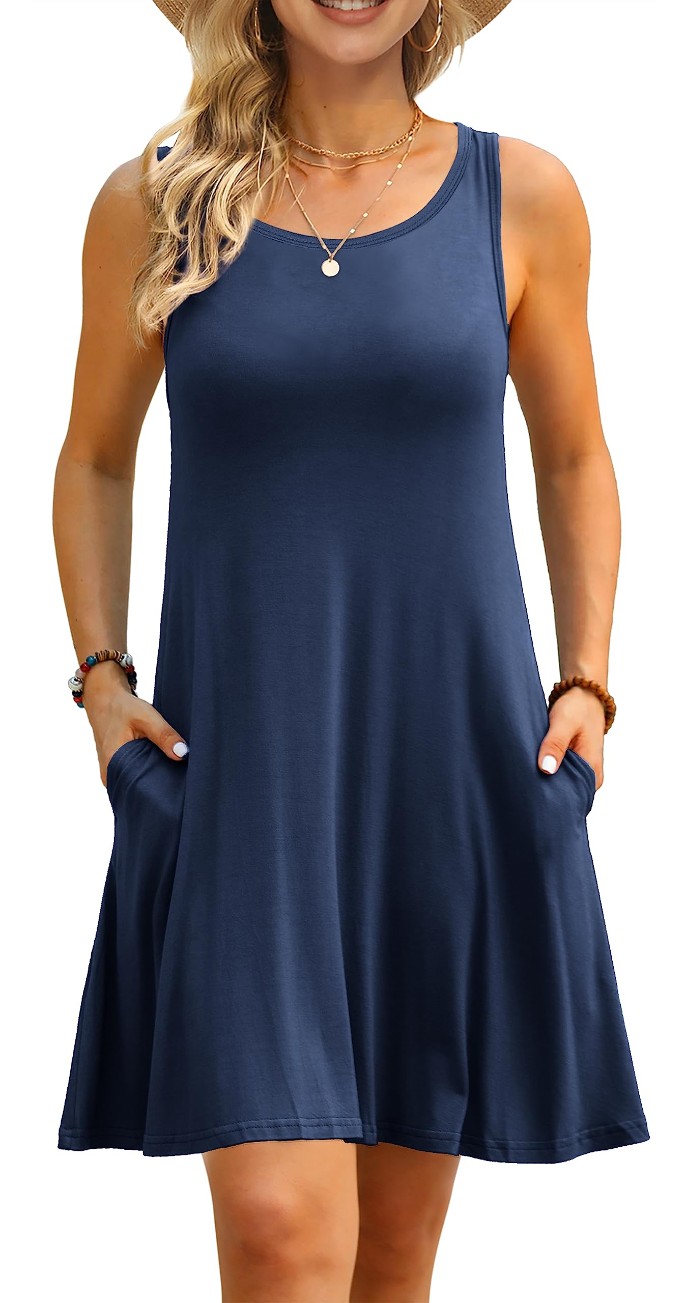 AUSELILY Women's Summer Casual T-Shirt Dress - Beach Cover Up, Plain Pleated Tank Dress for Outing, Vacation & Daily Wear