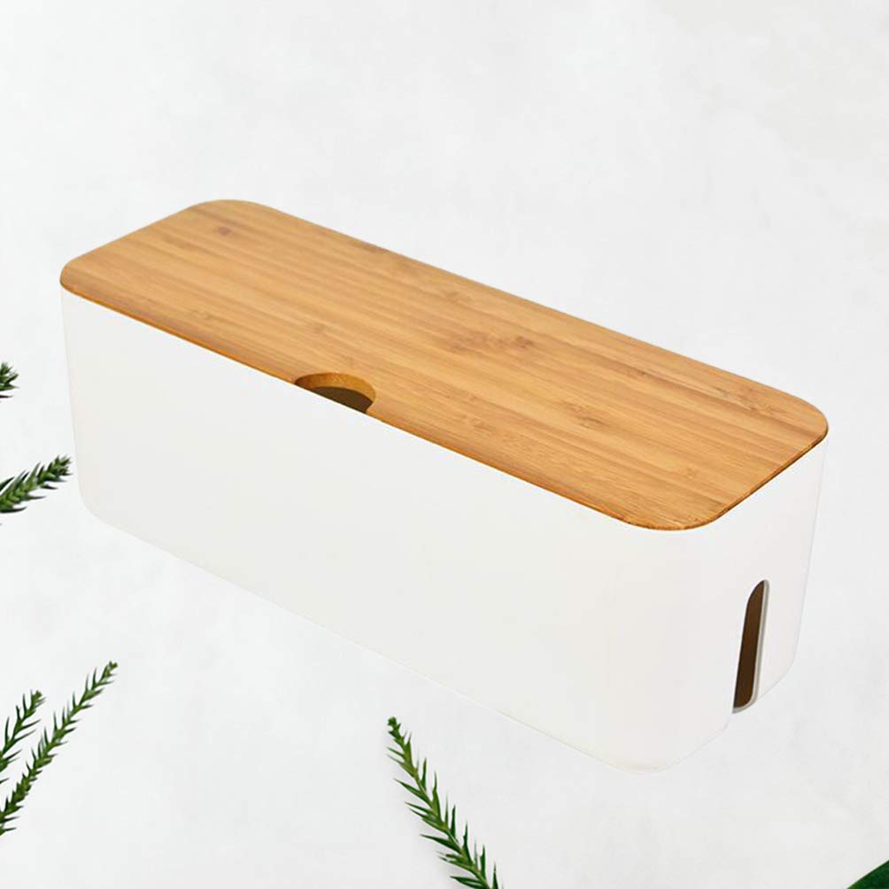 Cable Management Box with Wooden Cover - White | Cord Organizer for Power Strips & Household Wires | Perfect for Home Office, Living Room & Bedroom Organization