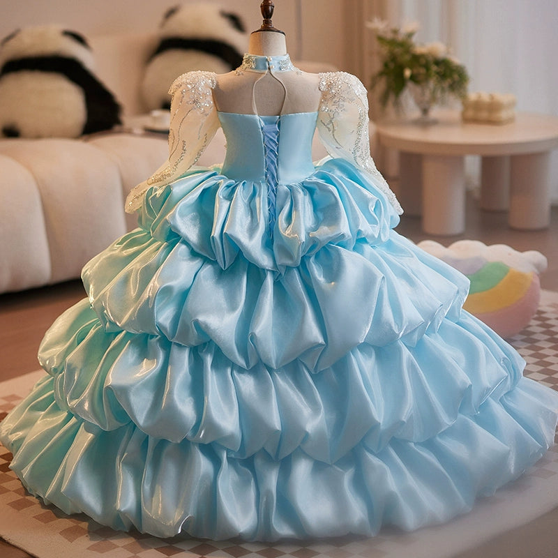 Blue A-Line Princess Flower Girl Dress – Elegant Satin & Lace for Weddings, Baptisms, and Special Occasions