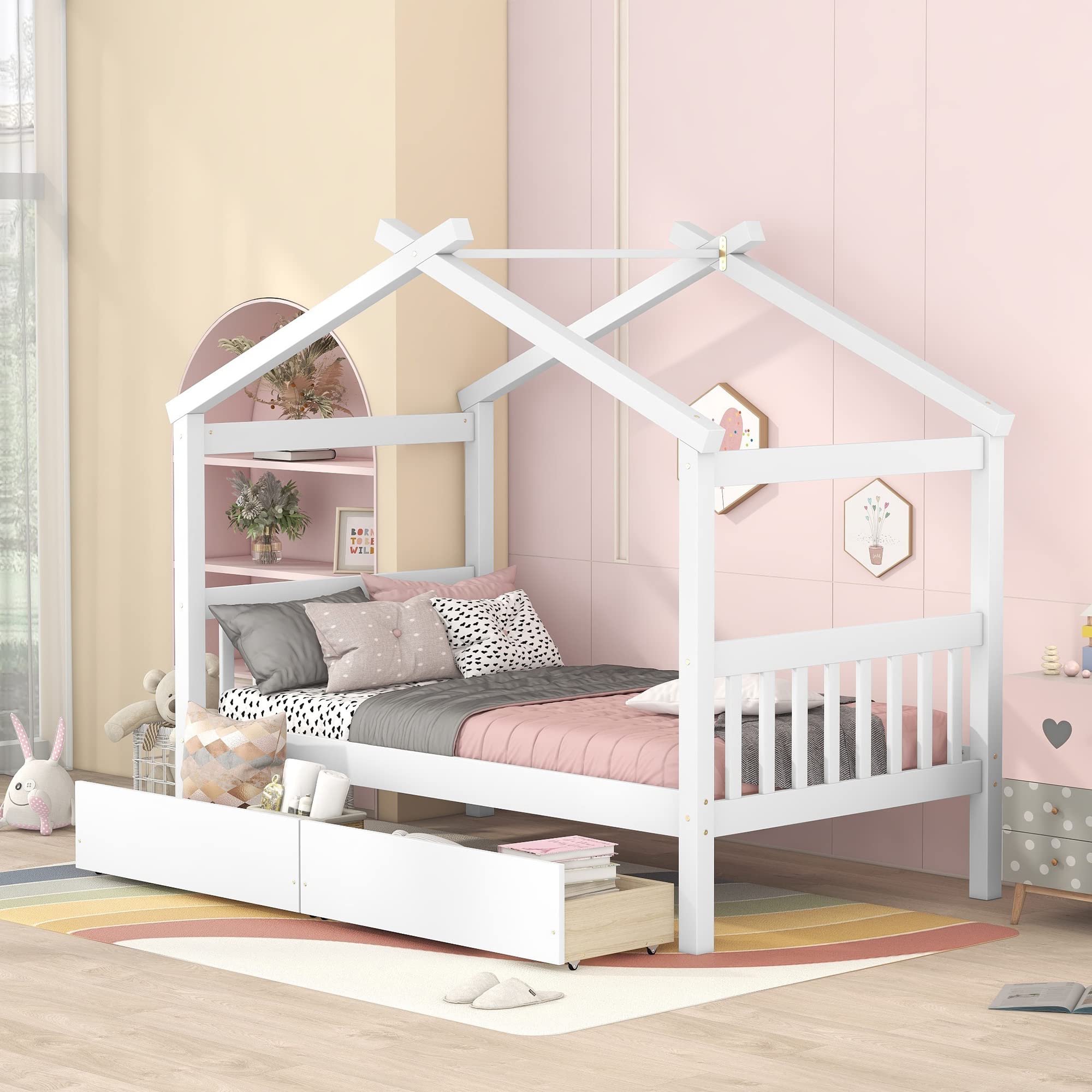 Twin Size Wooden House Bed with 2 Storage Drawers - Montessori Kids Bed Frame, Playhouse Tent Bed for Girls, Boys & Teens - White - Perfect for Small Bedrooms, Playrooms & Montessori Learning Spaces