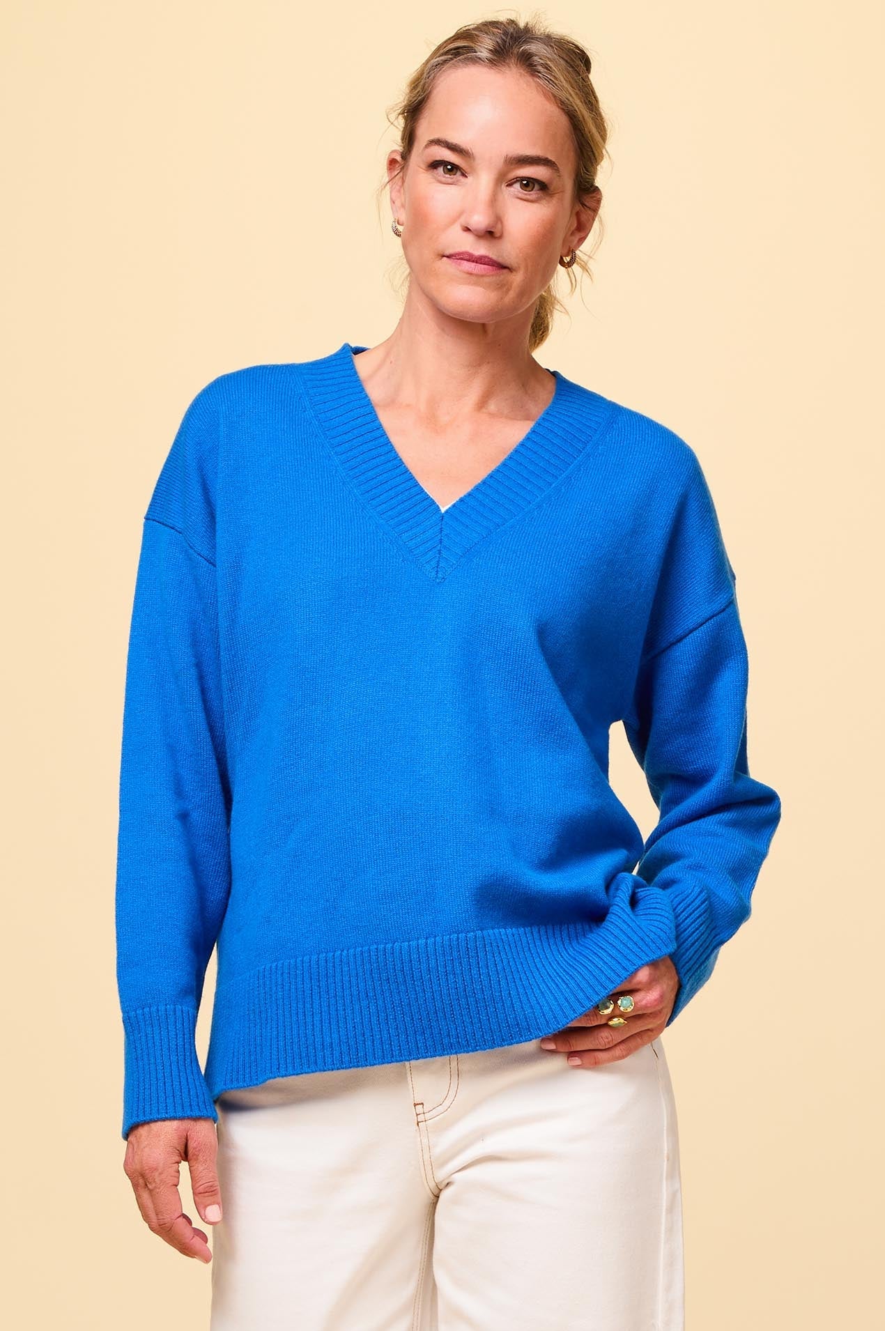 Premium Merino Wool Relaxed V-Neck Sweater for Women | Soft & Comfortable Blue Pullover | Perfect for Casual Wear, Office & Winter Outfits