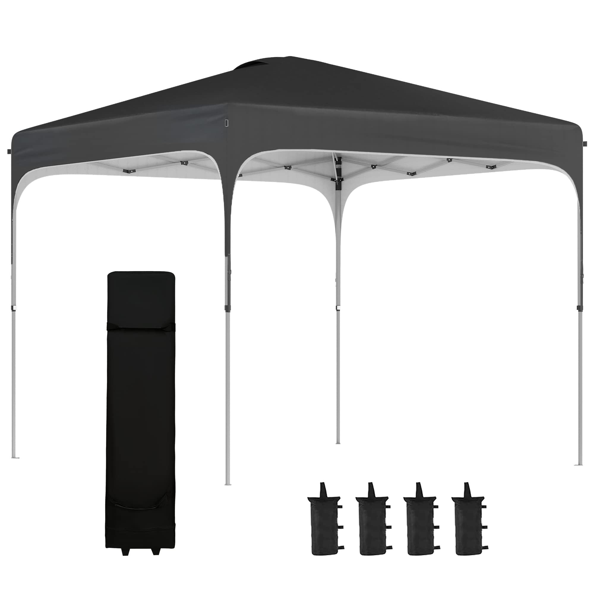 Outsunny 8' x 8' Pop Up Canopy Tent with Wheeled Carry Bag & 4 Sand Bags - Instant Sun Shelter for Outdoor Parties, Camping, Beach, Backyard, Garden & Patio - Adjustable Height Black Canopy Tent