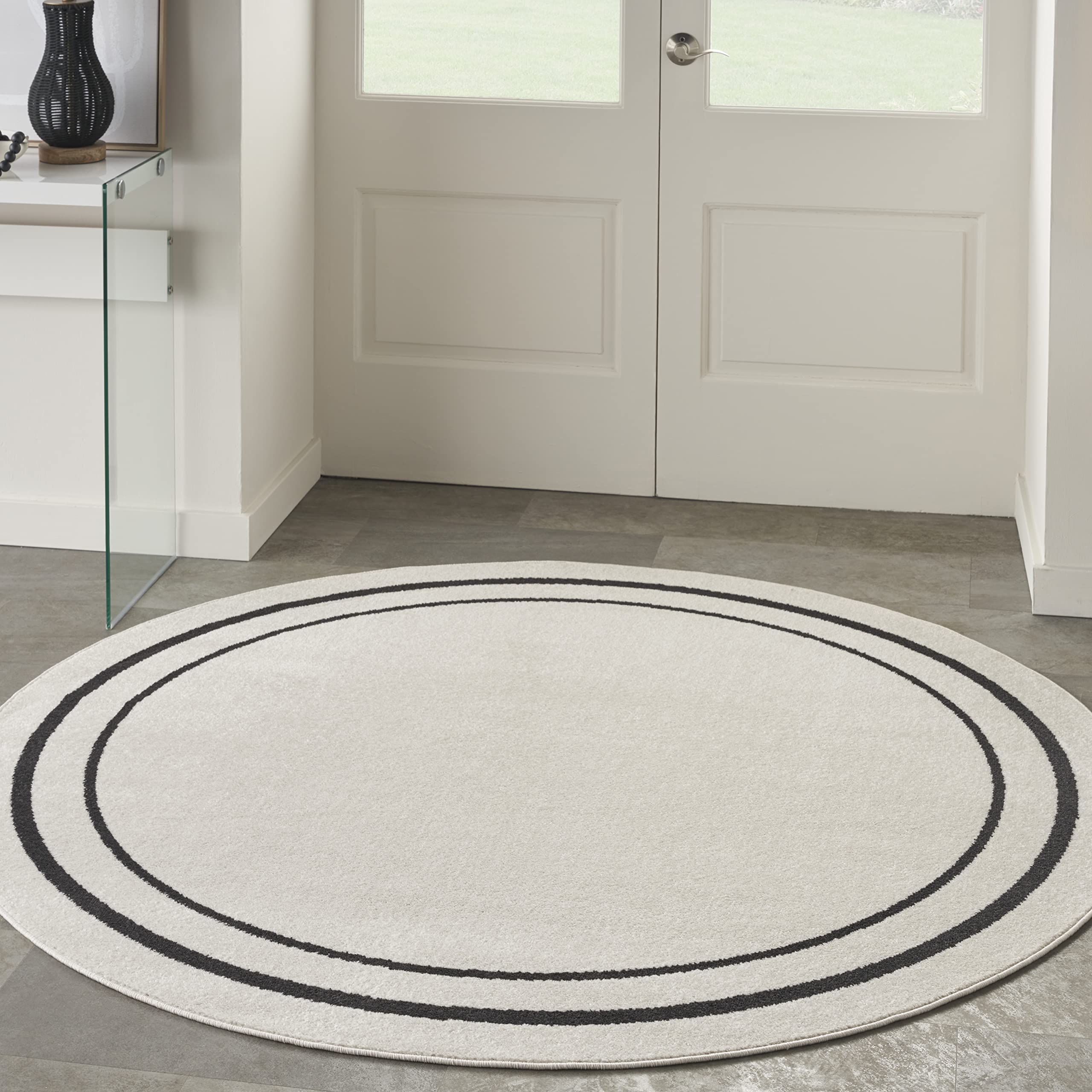 Nourison Essentials Indoor/Outdoor Ivory/Black 4' Round Area Rug - Easy Cleaning, Non-Shedding, Durable - Perfect for Bedroom, Living Room, Dining Room, Backyard, Deck & Patio (4ft Round) | Ideal for Home Decor, Outdoor Entertaining & High-Traffic Areas