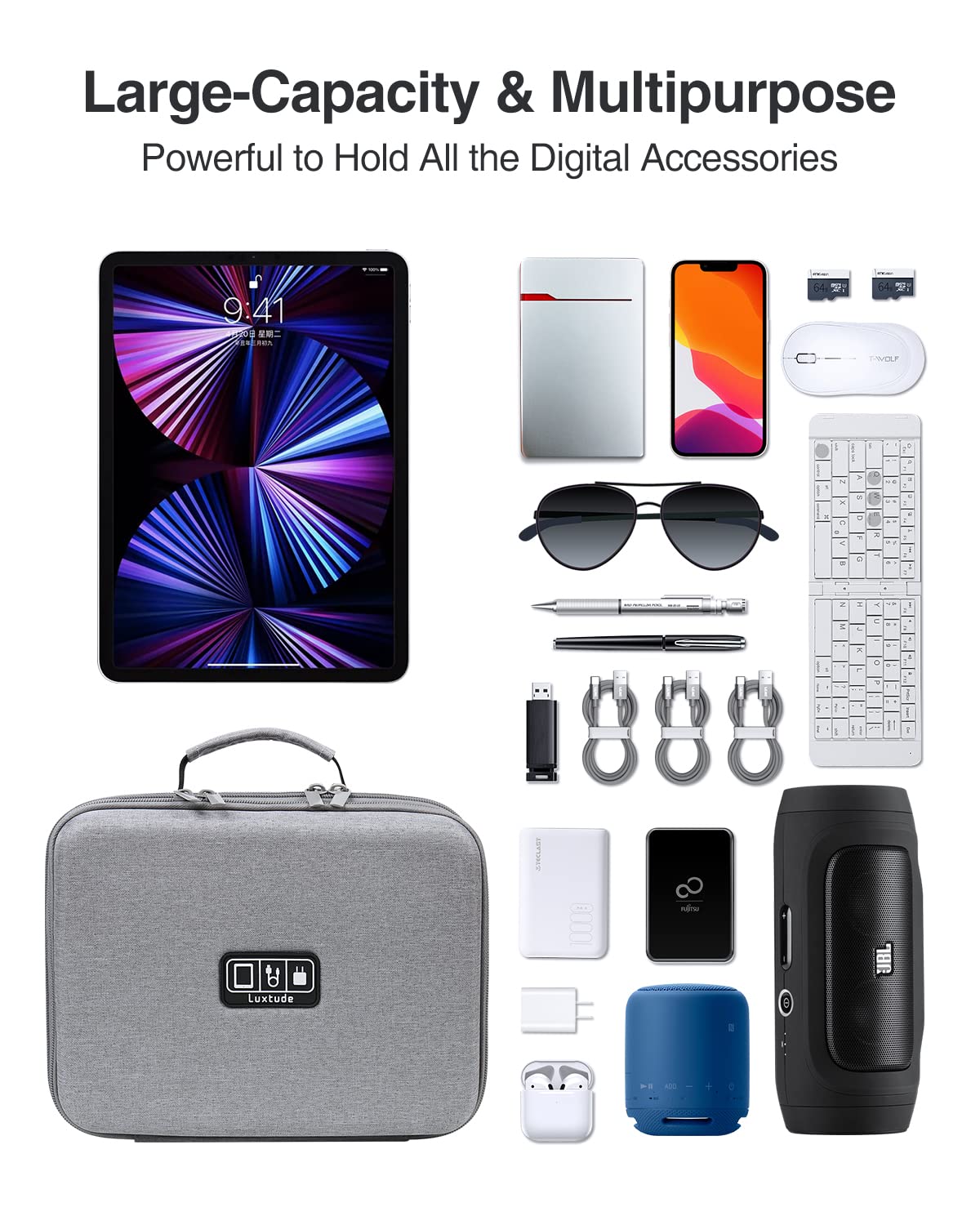 Luxtude Electronics Organizer - Shockproof EVA Hard Travel Case with Adjustable Shoulder Strap | Large Capacity Cable & Charger Storage Bag | Perfect for iPad (Up to 11