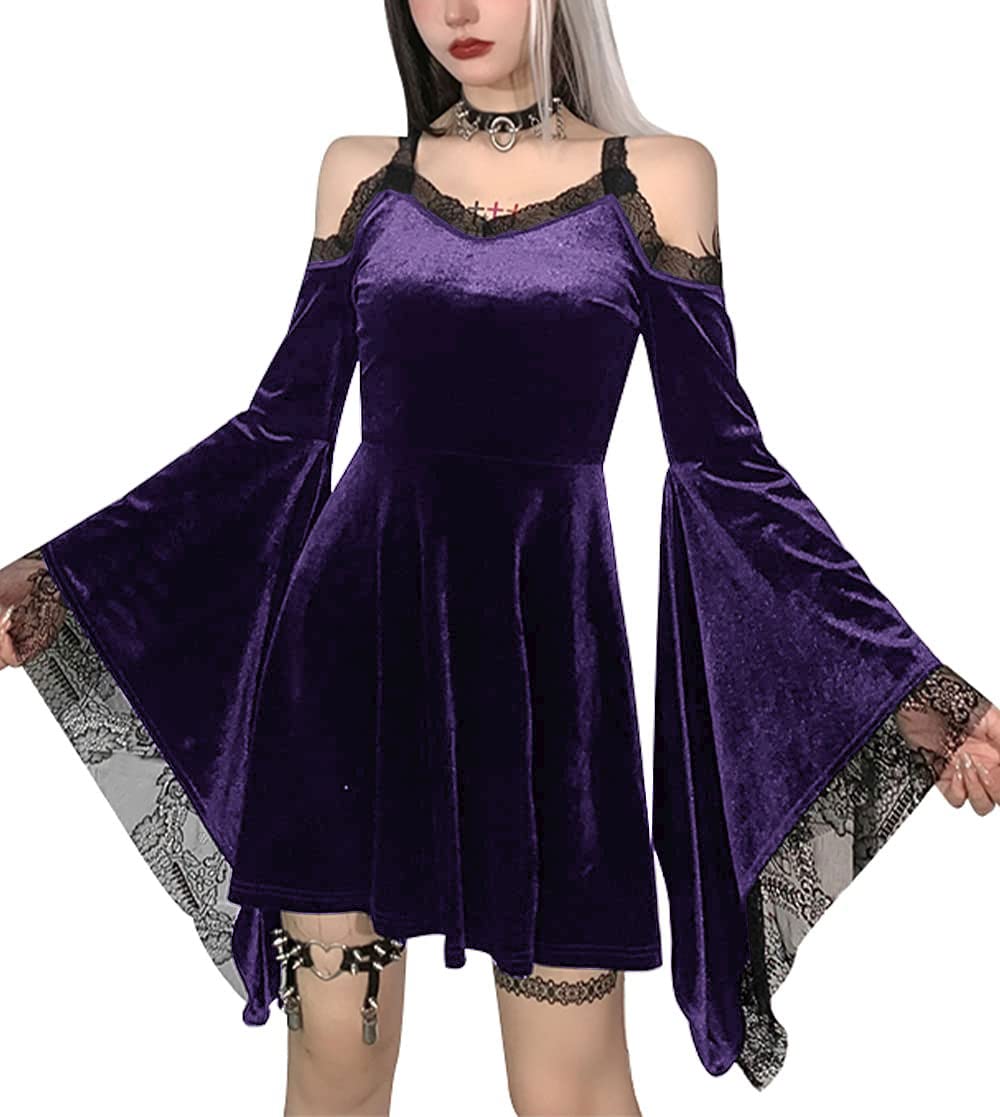 Vintage Gothic Lace Bell Sleeve Cocktail Dress for Women - Elegant Flare Sleeve Party Dress for Halloween, Cosplay, and Evening Events