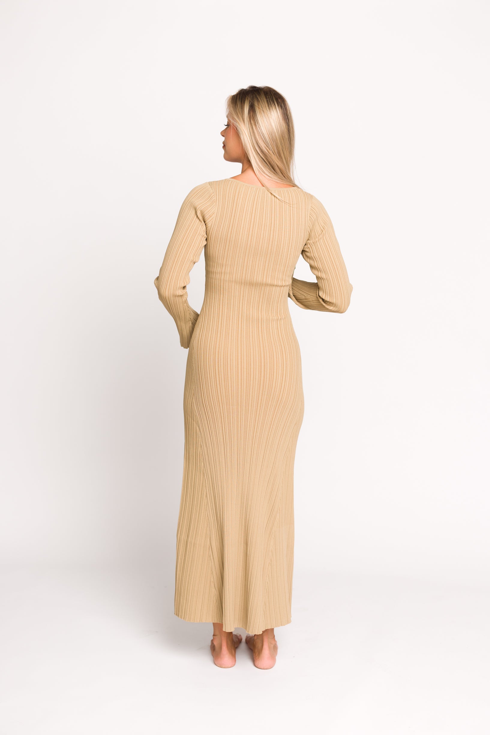 Keaton Knit Maxi Dress with V Neckline in Beige - Elegant Flowy Long Dress for Women, Perfect for Summer, Beach, Wedding & Casual Wear