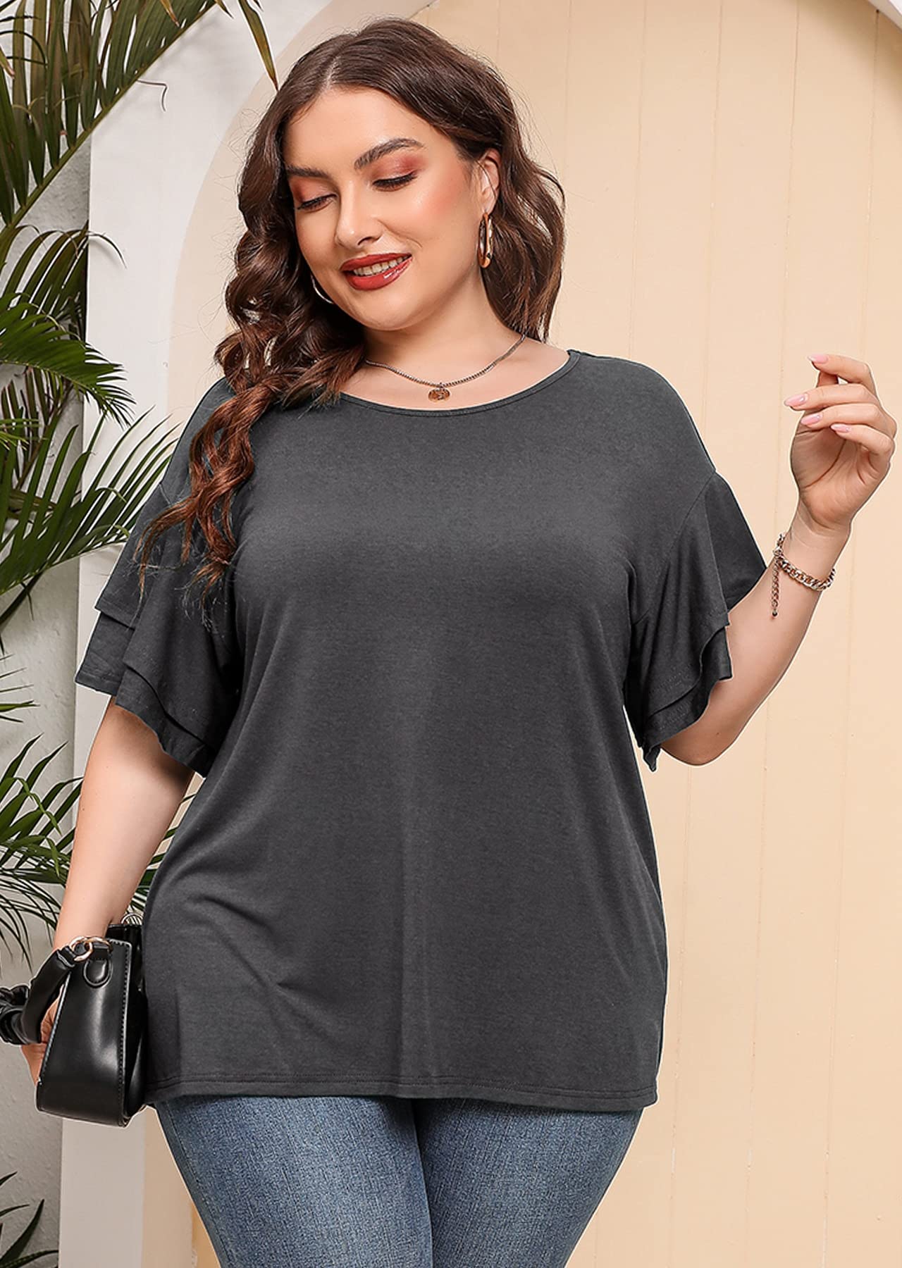 Plus Size Tunic for Women - Double Ruffle Short Sleeve Blouse | Loose Fit Flowy Summer Top | Casual Wear for Beach, Office & Everyday Outfits