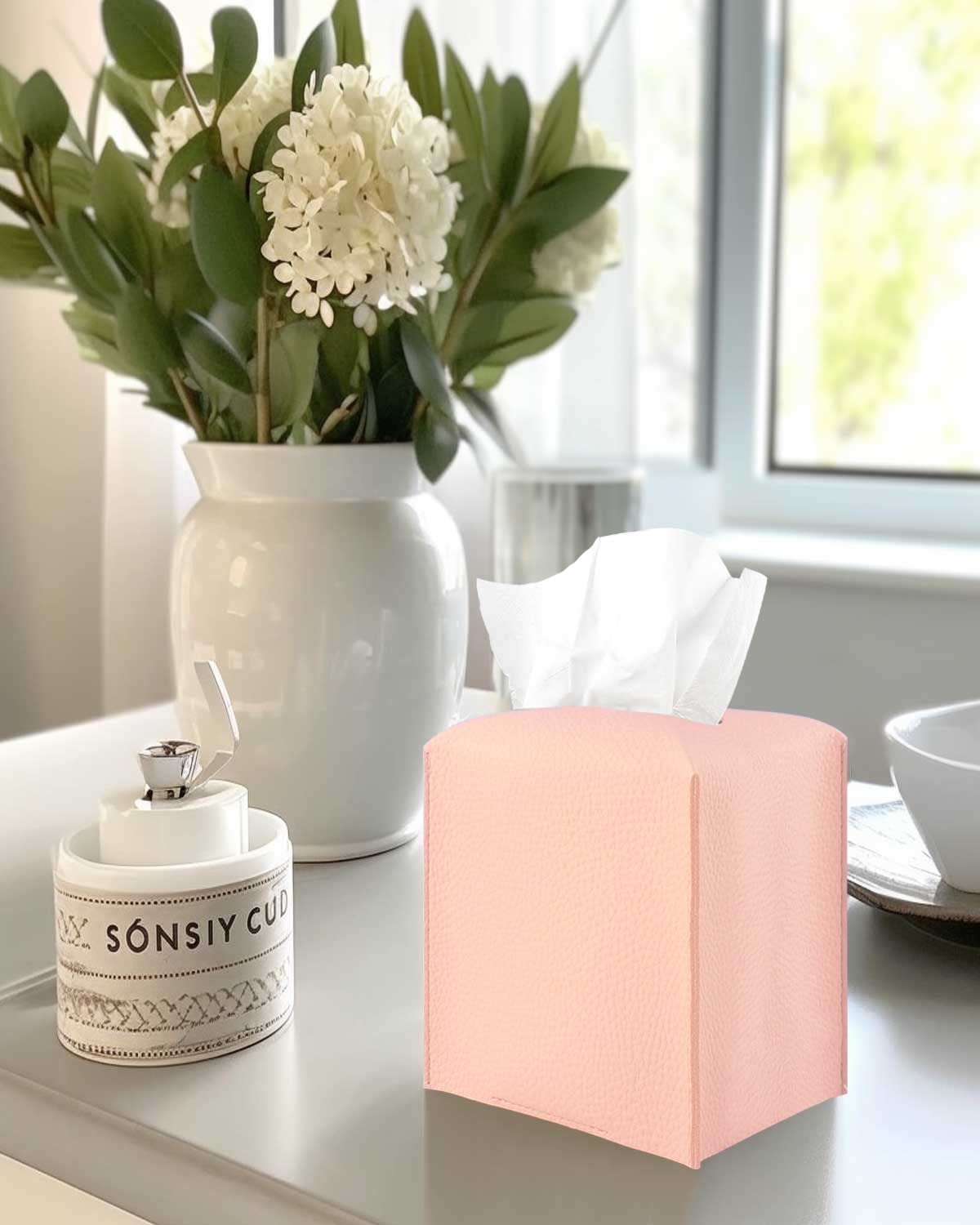 Elegant Pink PU Leather Tissue Box Cover with Bottom Belt - Modern Decorative Holder for Bathroom Vanity, Nightstand & Office Desk | Perfect for Home Decor, Gift Giving & Organization