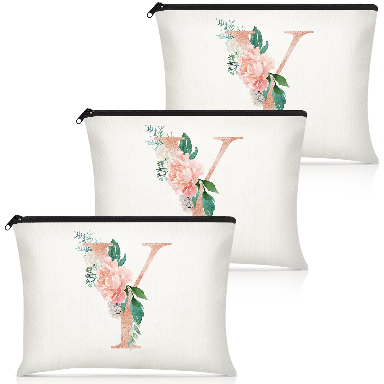 3-Piece Floral Monogram Makeup Bag Set - Personalized Cosmetic Pouch for Women, Bridal Shower, Wedding, Birthday & Mother's Day Gifts - 9x6 Inch Canvas Travel Organizer (Y Style) - Perfect for Brides, Teachers & Special Occasions