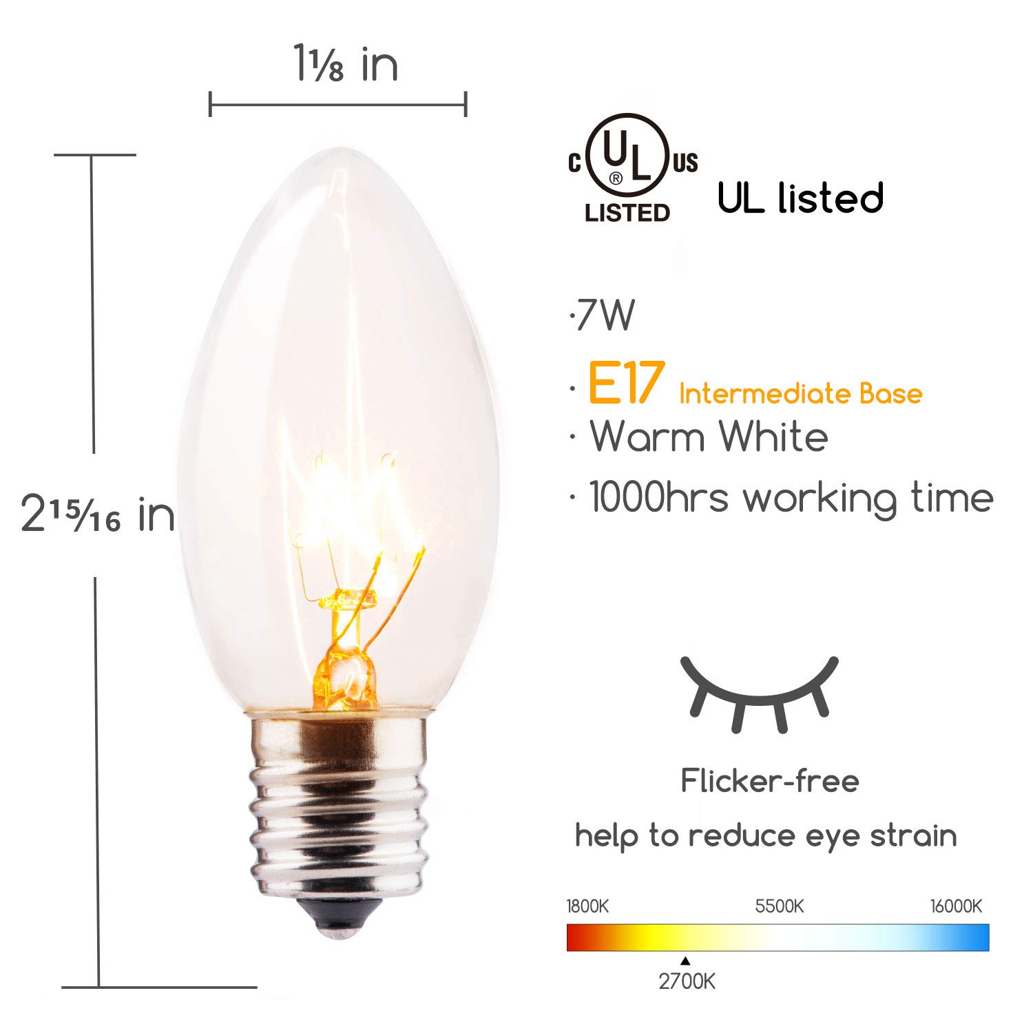 50 Pack C9 Clear Replacement Bulbs for Christmas Lights - E17 Intermediate Base, 7W Warm White Incandescent Bulbs - Perfect for Holiday Decorations, Tree Lighting, and Outdoor Displays