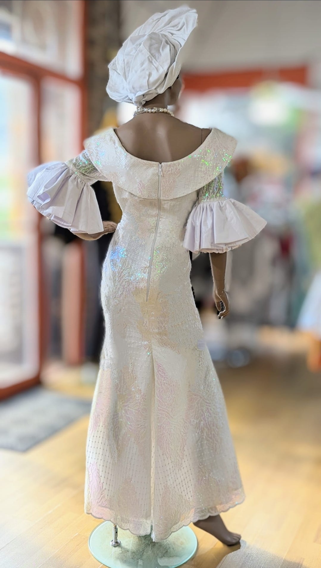 Elegant White African Sequin Lace Maxi Dress with Taffeta & Flared Elbow Sleeves | Formal Evening Gown for Weddings, Parties & Special Occasions - DPXALWS4