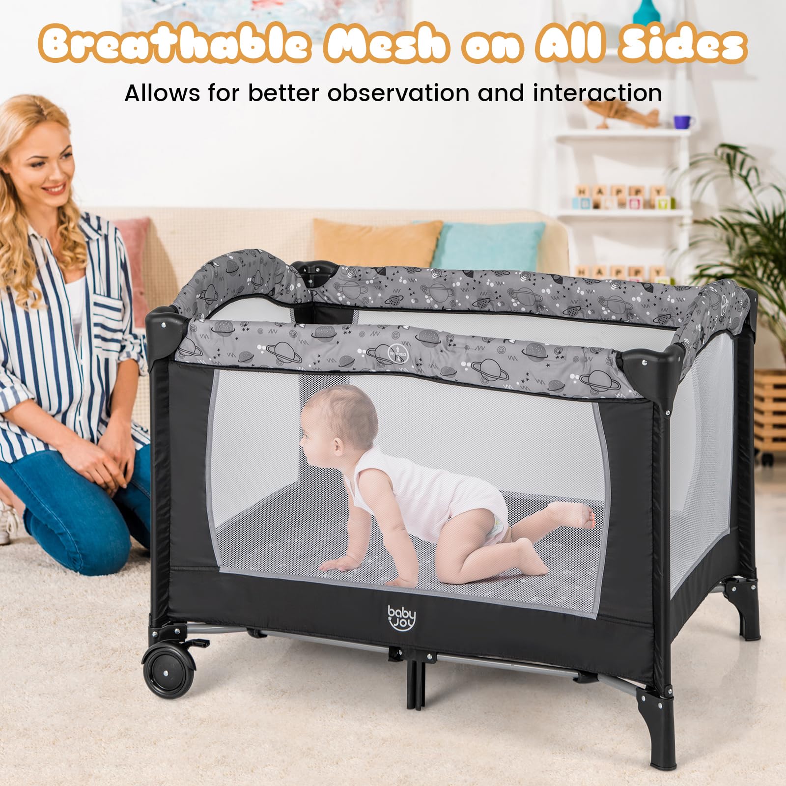 Baby Joy 3-in-1 Portable Playard with Bassinet & Changing Table - Foldable Travel Crib with Lockable Wheels, Soothing Music Box - Newborn to Toddler Bed for Nursery, Daycare & Family Travel