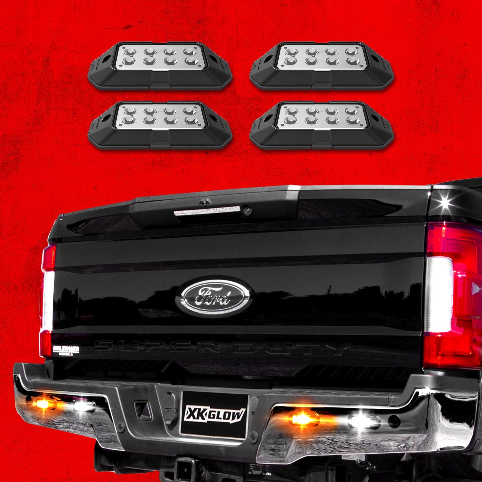 XKGLOW 4pc Ultra Bright LED Strobe Lights with Traffic Modes - Multiple Strobe Patterns, Solid White & Amber Colors for Emergency Vehicles, Construction Zones & Roadside Safety