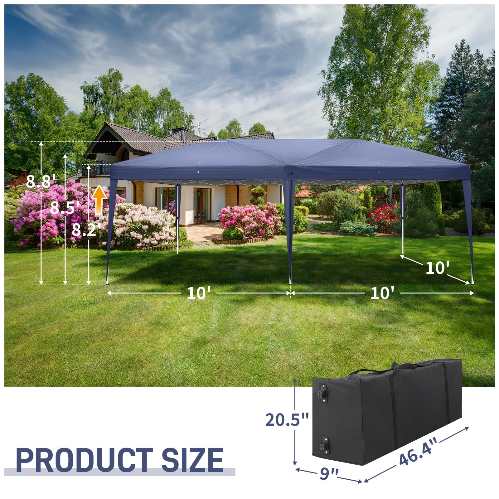 10' x 20' Pop Up Canopy Tent with Removable Sidewalls & Carry Bag - Instant Shelter with Zipper Door - Portable Easy Setup Commercial Canopy for Outdoor Parties, Backyard Events, Farmers Markets & Beach Use - Waterproof Blue Outdoor Tent