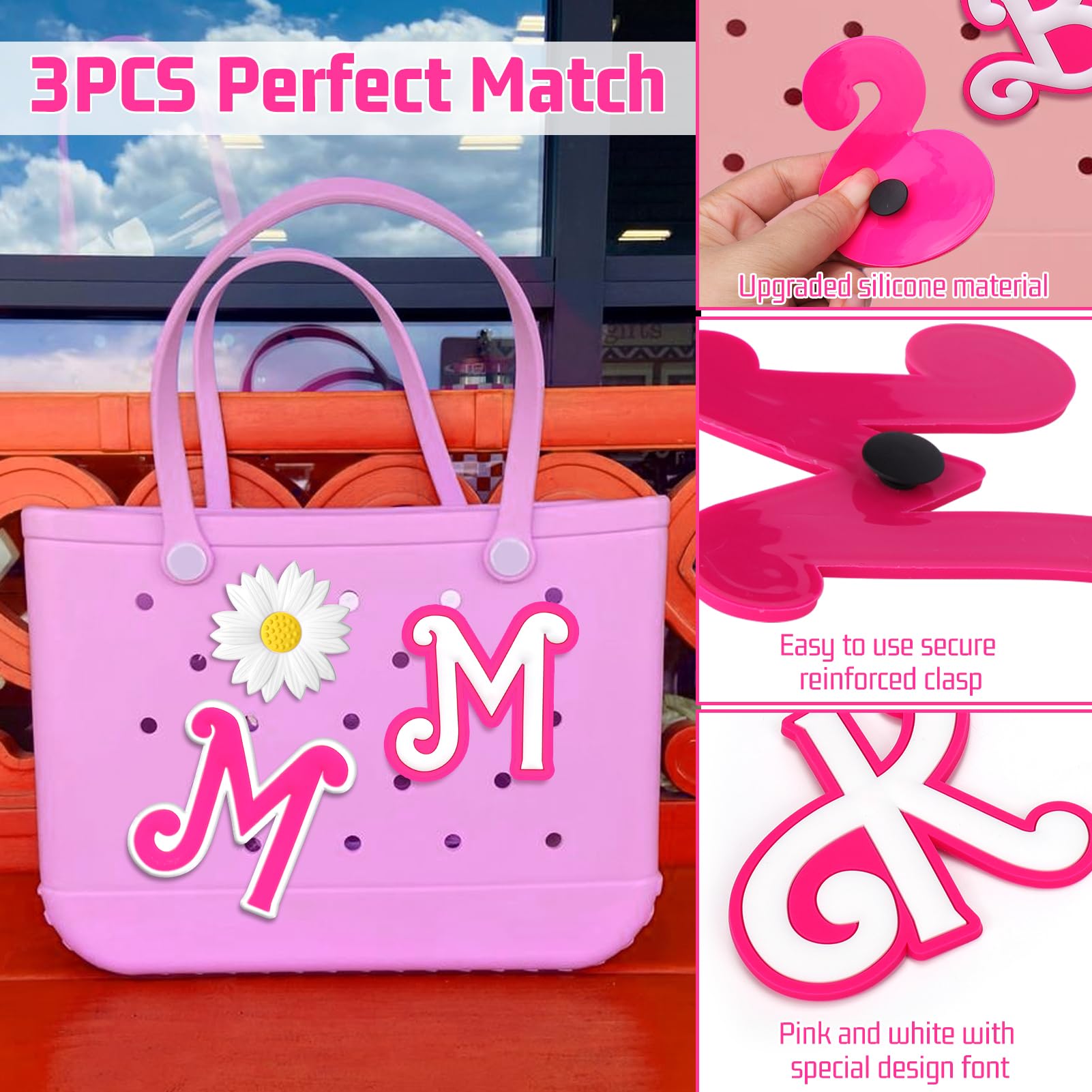 3pcs Pink Letter & Flower Charms for Bogg Bag Accessories | Compatible with Simple Modern Beach Bag | Stylish Decor for Pool, Beach & Summer Outings