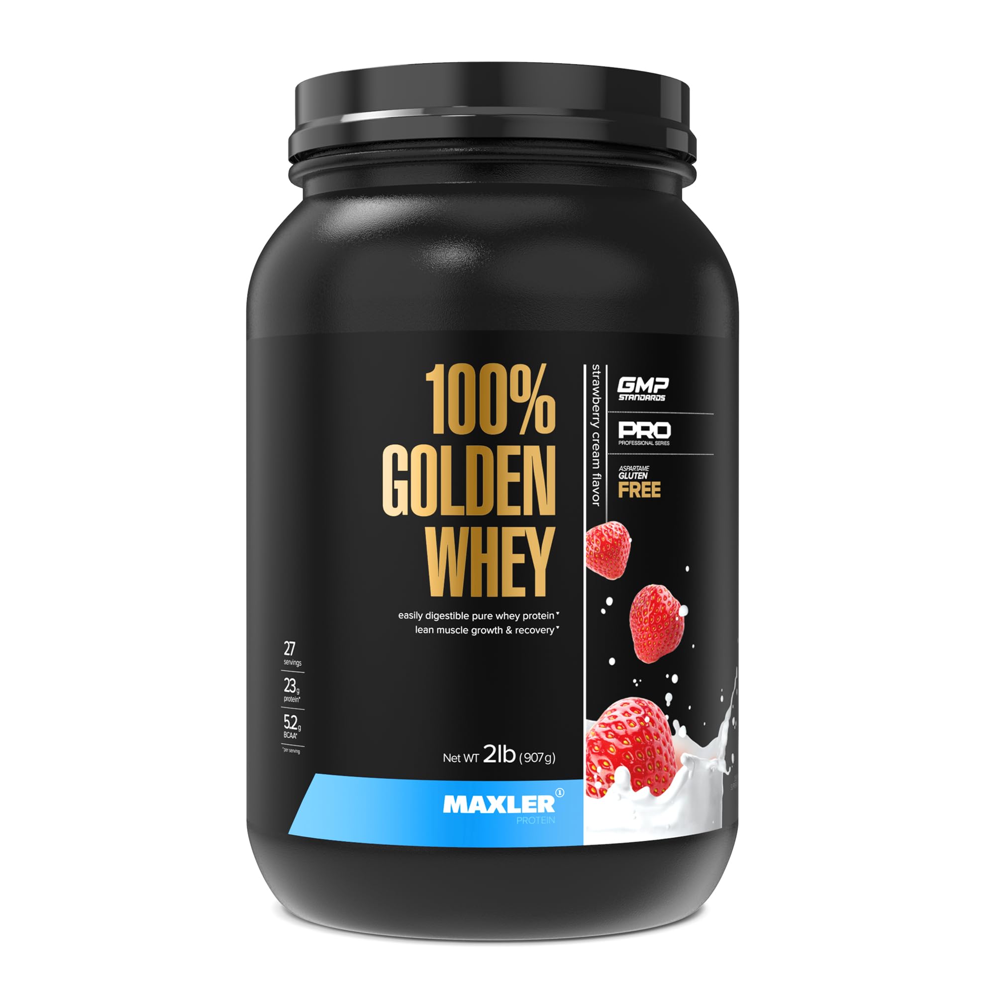 Maxler 100% Golden Whey Protein Powder - 23g Premium Whey per Serving, Fast Absorbing Hydrolysate Isolate Concentrate Blend - Strawberry Cream Flavor 2lb for Pre Workout, Post Workout & Recovery - Perfect for Gym, Bodybuilding & Fitness Enthusiasts