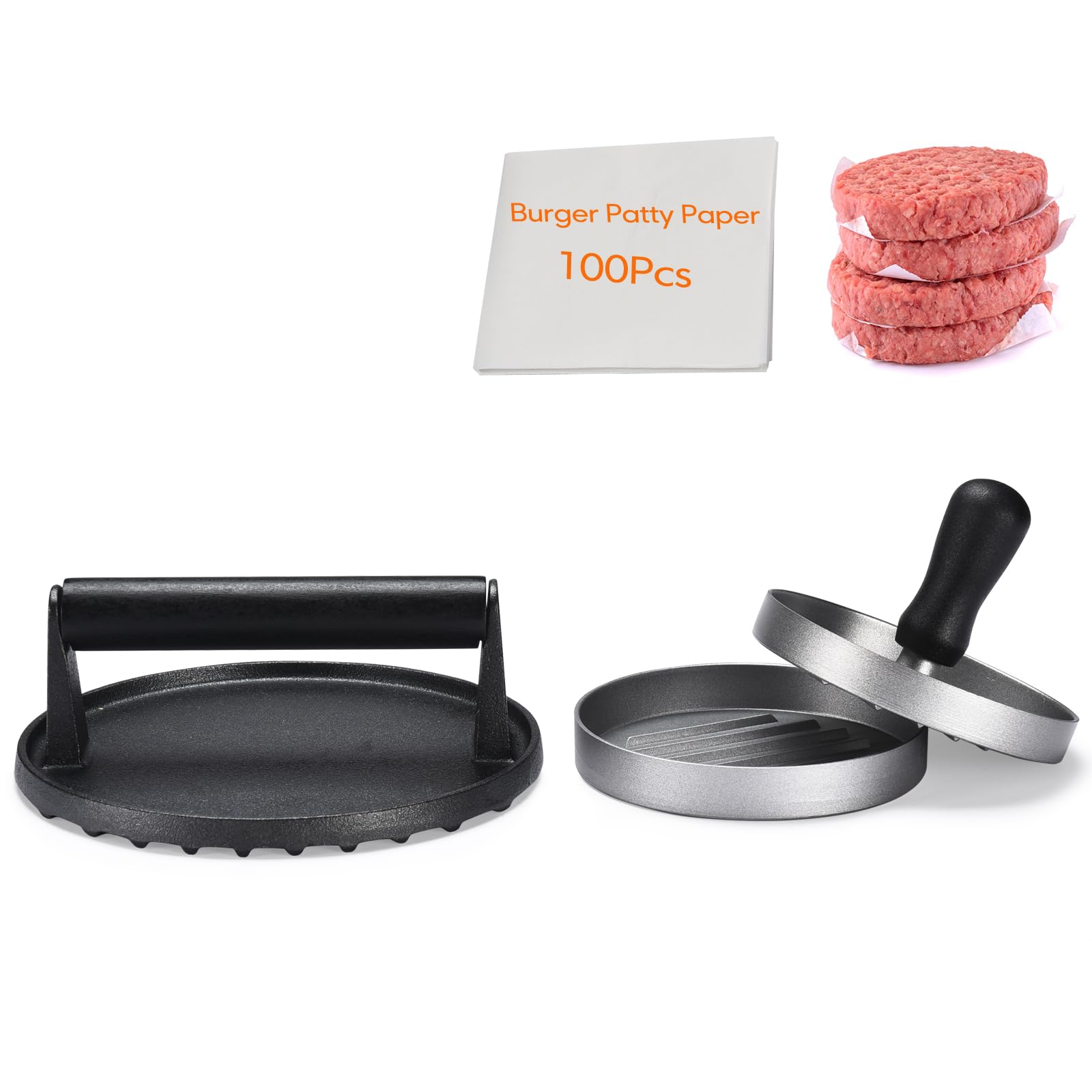 TIFMI 7-inch & 4.6-inch Hamburger Patty Maker Press - Non-Stick Aluminum with 100 BPA-Free Patty Papers - Perfect for Grilling Burgers, Bacon, Panini, Steak & Sandwiches - Ideal for Backyard BBQs, Camping & Home Cooking