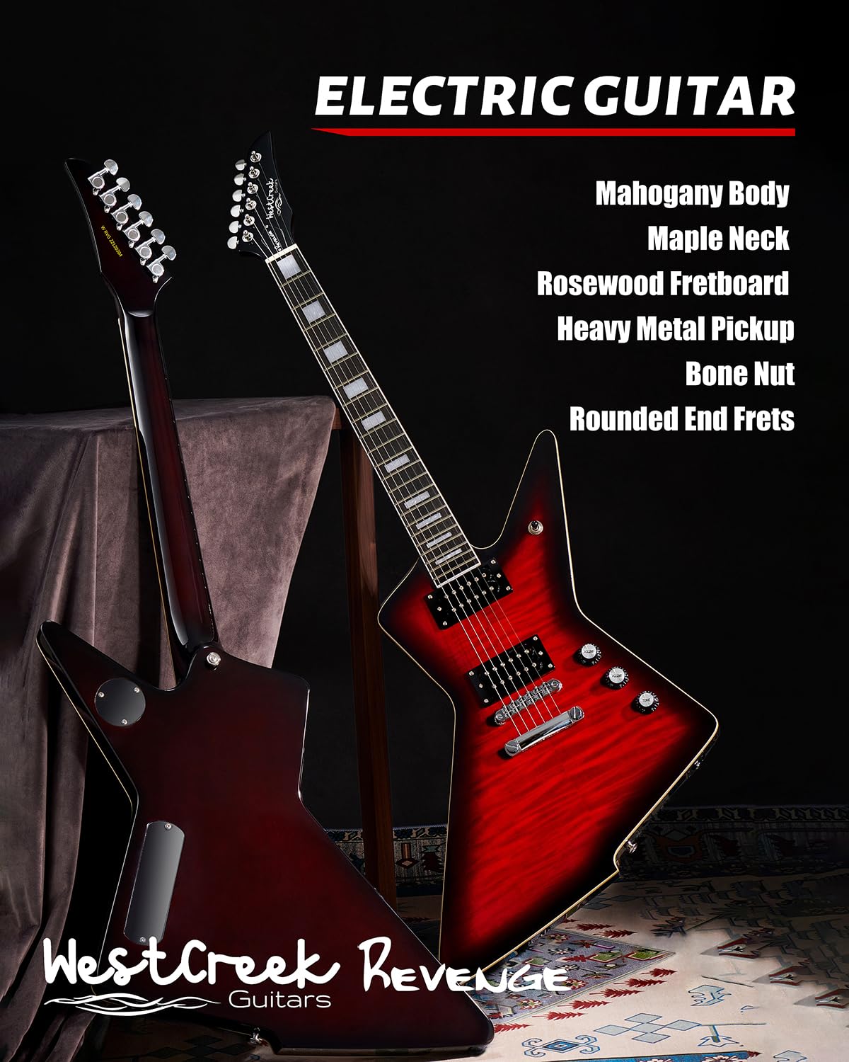 WestCreek Revenge Right Handed Electric Guitar with Heavy Metal Humbucker Pickups, Jumbo Frets & Mahogany Body - Perfect for Rock, Metal & Stage Performances