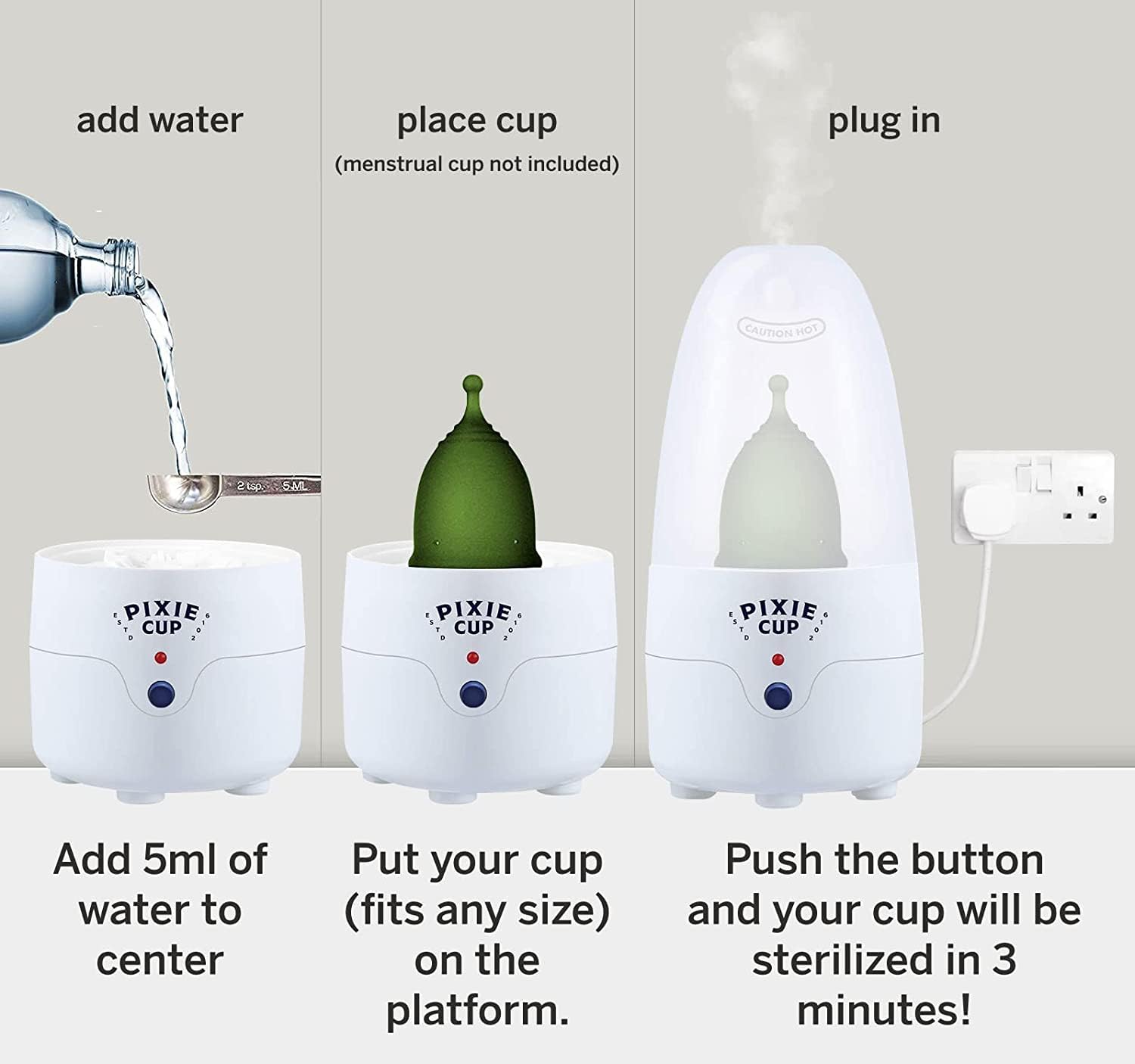 Pixie Menstrual Cup & Disc Steamer Sterilizer - Best Sanitizer for Period Cups - Kills 99.9% Germs with Steam Cleaning - 3-Minute Fast Sterilization - Auto Shut-Off Timer - Perfect for Travel, Home & Gym Use