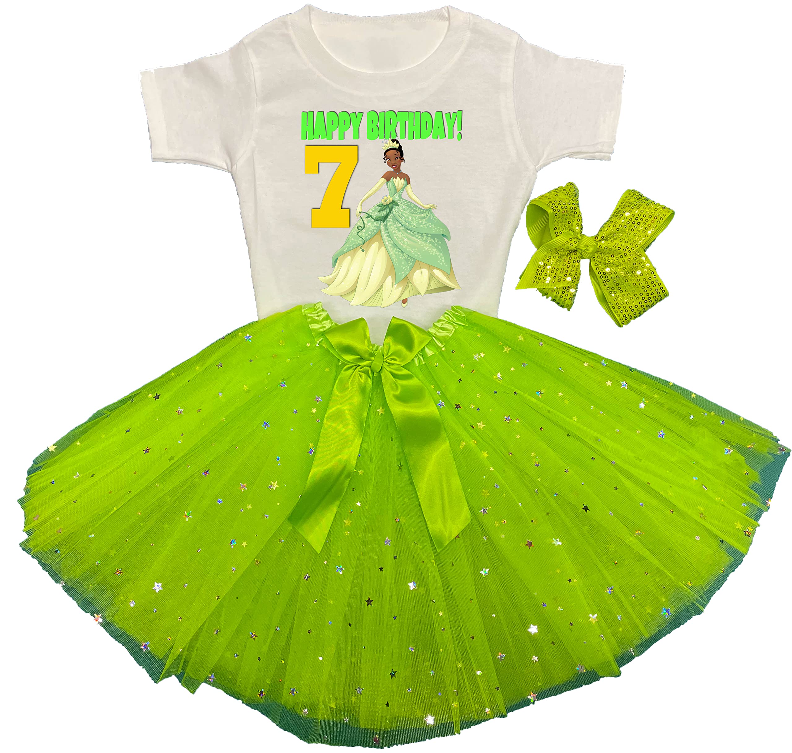 Princess Tiana Tutu Outfit for Girls - 7th Birthday Party Dress & Personalized Green Shirt - Perfect for Disney Themed Parties & Dress-Up Play
