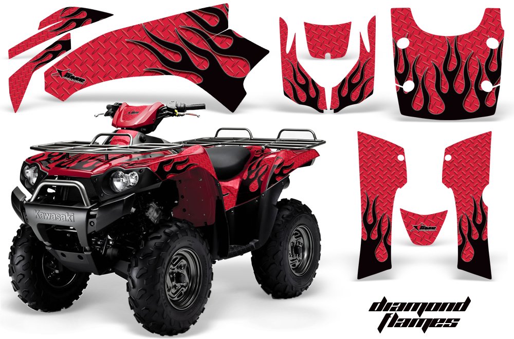 AMR Racing ATV Graphics Kit Sticker Decal for Kawasaki Brute Force 750i 2005-2011 - Diamond Flames Black Red Design | High-Quality Durable Vinyl Decals for Off-Road Racing & Trail Riding