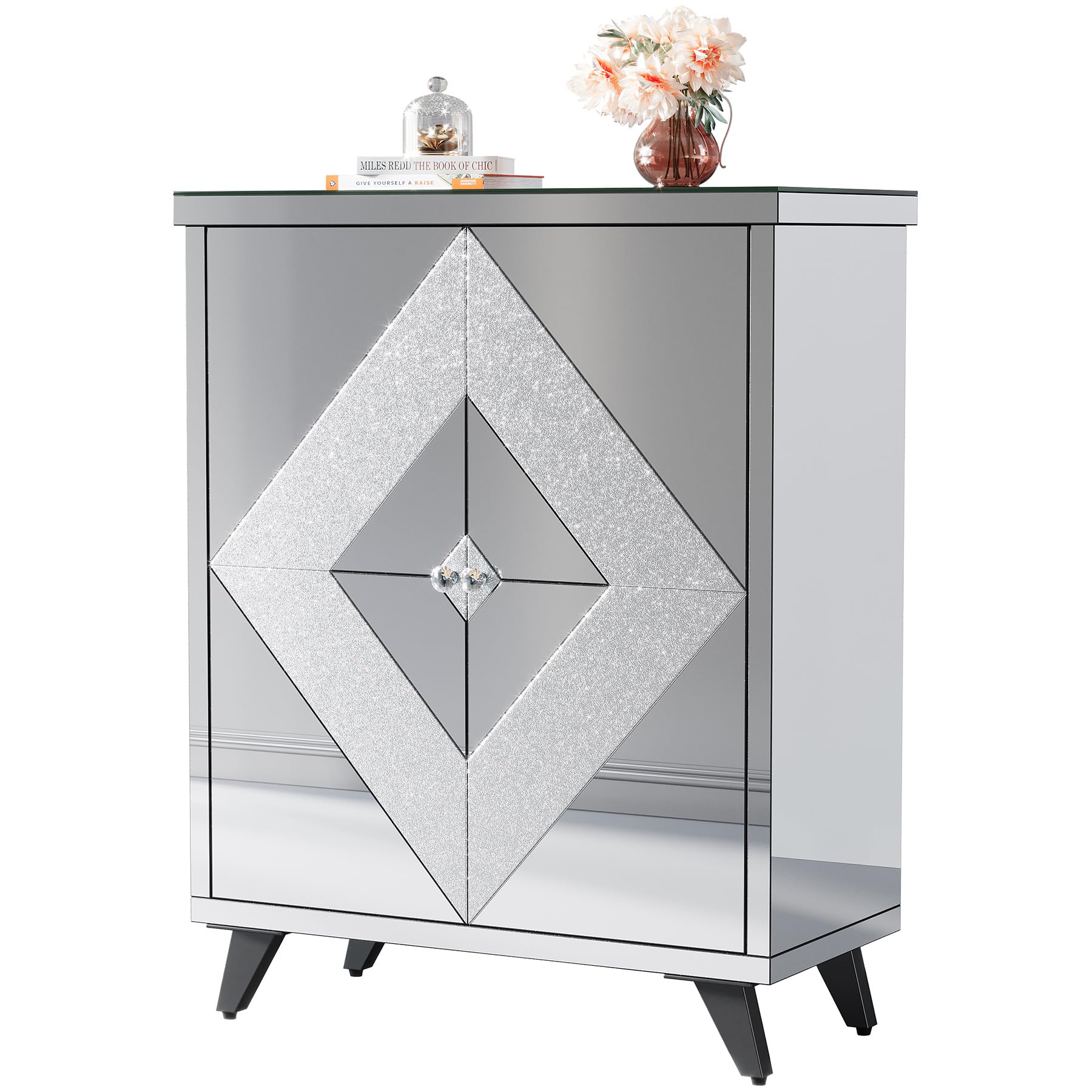 Tribesigns Modern Glass Shoe Storage Cabinet with Mirrored Doors & Crystal Crush Diamond Design - Entryway Shoe Organizer for Hallway, Closet, Bedroom (Perfect for Small Spaces & Home Decor)