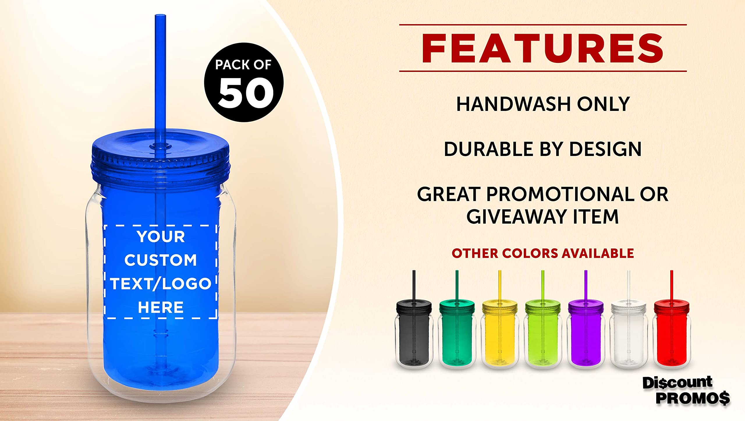 Custom 18 oz Acrylic Tumblers with Straw - Bulk Pack of 50 Personalized Drink Cups - Great for Smoothies, Iced Coffee, Soda & Beverages - Reusable Party Cups for Restaurants, Cafes, Events & Home Use - Blue