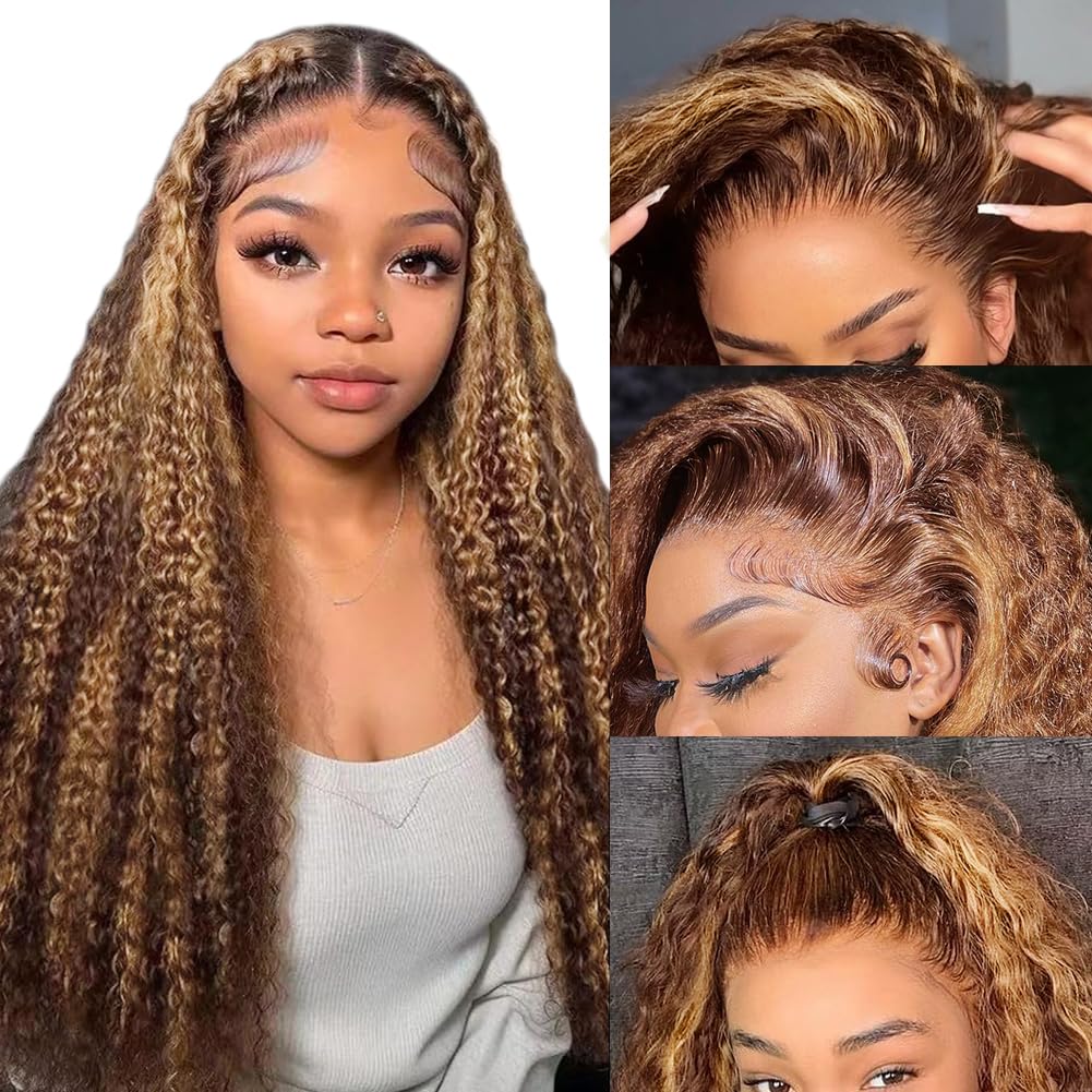 13x4 Ombre Deep Wave Lace Front Human Hair Wig 22 Inch - 180% Density Blonde Highlight Pre-Plucked Wig for Women (4/27 Highlight) | Perfect for Cosplay, Daily Wear & Special Occasions
