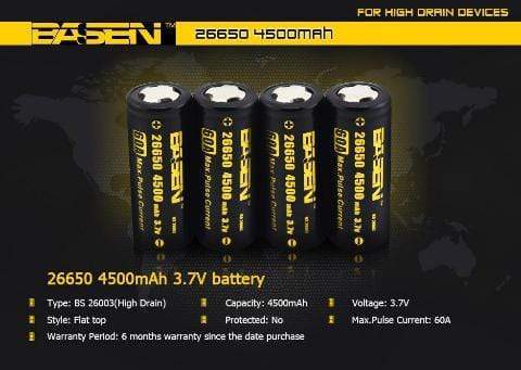 Basen 26650 4500mAh 60A High-Drain Rechargeable Lithium Battery - Perfect for Flashlights, Vape Mods, and Power Tools