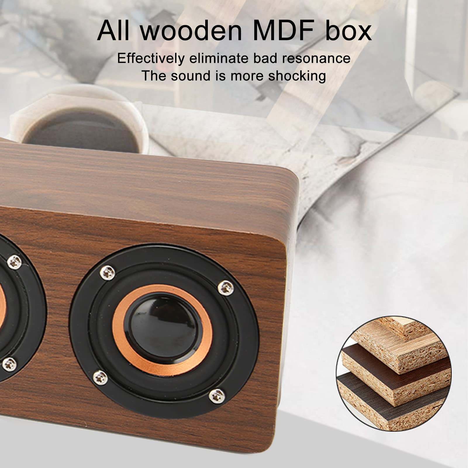 Retro Wooden Wireless Speaker with Subwoofer & Surround Sound - Hands-Free Calling, MDF Resonance Box, Home Music & Alarm Clock - Perfect for Living Room, Bedroom, and Office (Brown Wood Grain)