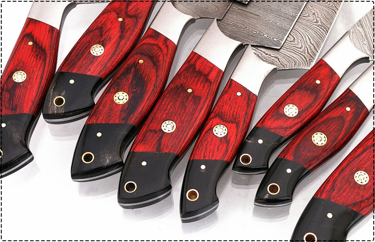 Premium Damascus Steel Professional Chef Knife Set - 8-Piece Kitchen Knives with Chopper & Cleaver, Black Horn Handle, G16Red by GladiatorsGuild - Ideal for Home Chefs, Culinary Enthusiasts & Professional Kitchens
